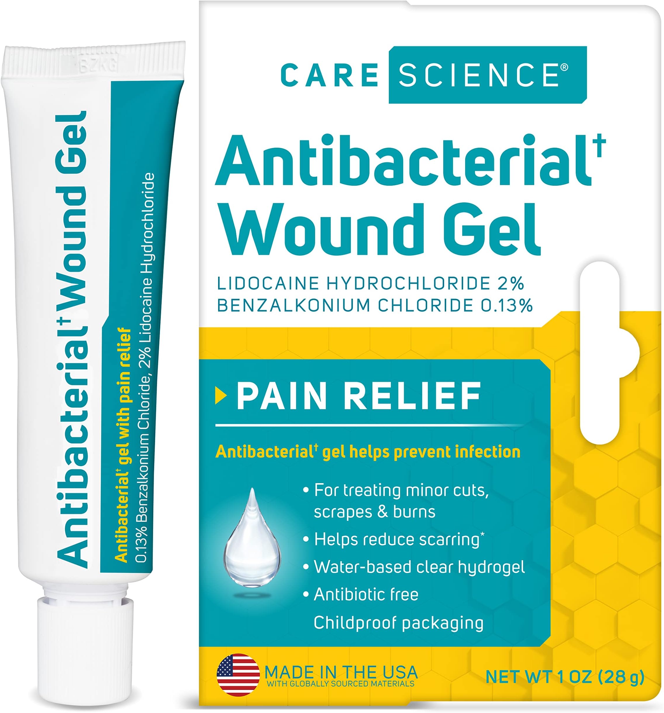 Care Science Wound Gel Pain Relief Hydrogel, 1 oz | with Lidocaine, Germ Shield Healing Treatment, Reduces Scarring, Prevents Infection for Cuts, Scrapes & Burns, First Aid