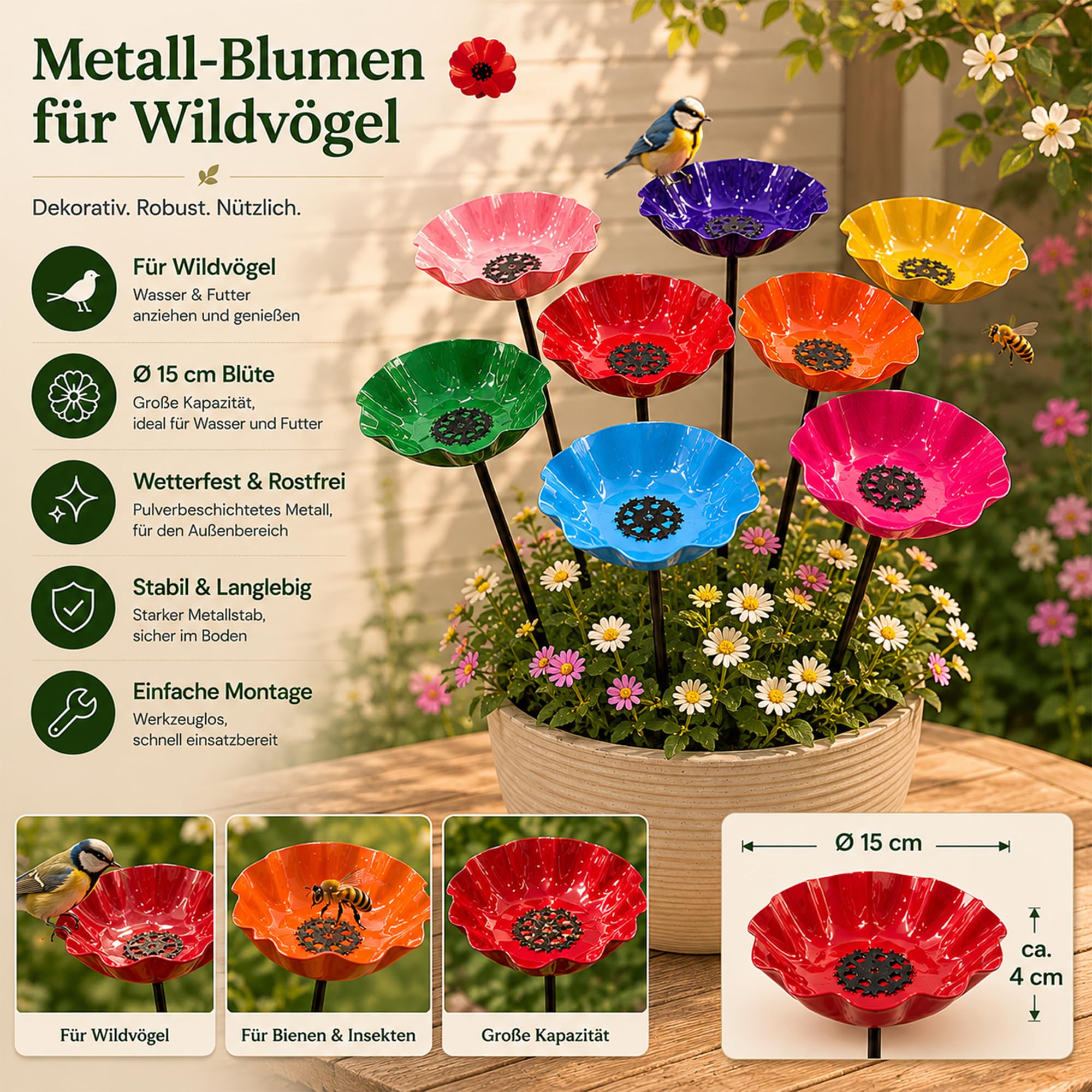 Vogeltränke Blume & Bienentränke aus Metall – Winterfest, Blumenform Gartenstecker, Wasser- & Futterstation für Vögel, Bienen & Schmetterlinge, Gartendeko Gartenstecker für Blumenbeet (4 IN 1)