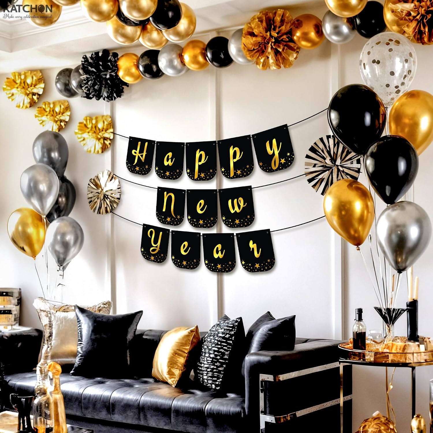 KatchOn, Happy New Year Banner Black - 10 Feet, Pre-Strung | Happy New Year Backdrop New Years Decorations 2026 | NYE Banner, New Years Eve Party Supplies 2026 | NYE Decorations 2026, Nye Party Supplies
