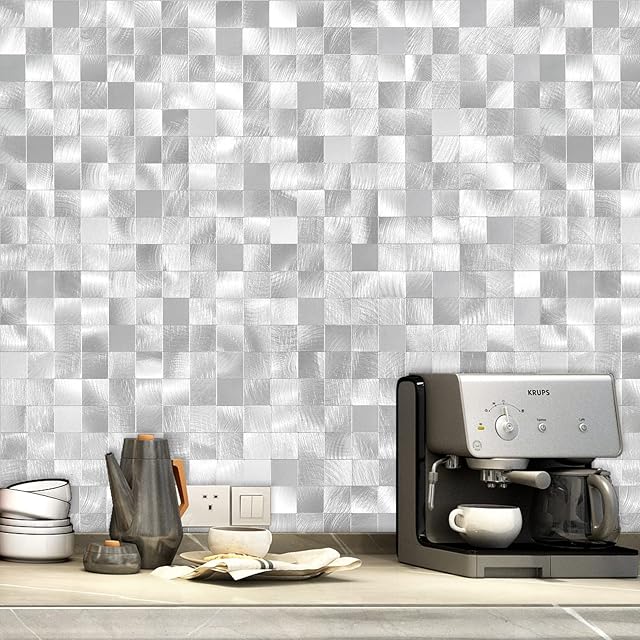 VAOVI 3D Self-Adhesive Wall Tile Stickers for Kitchen Splashbacks,Splash Back Sticky Tiles Metallic Tiles Mosaic Tiles Bathroom Square(5sheets,Silver)