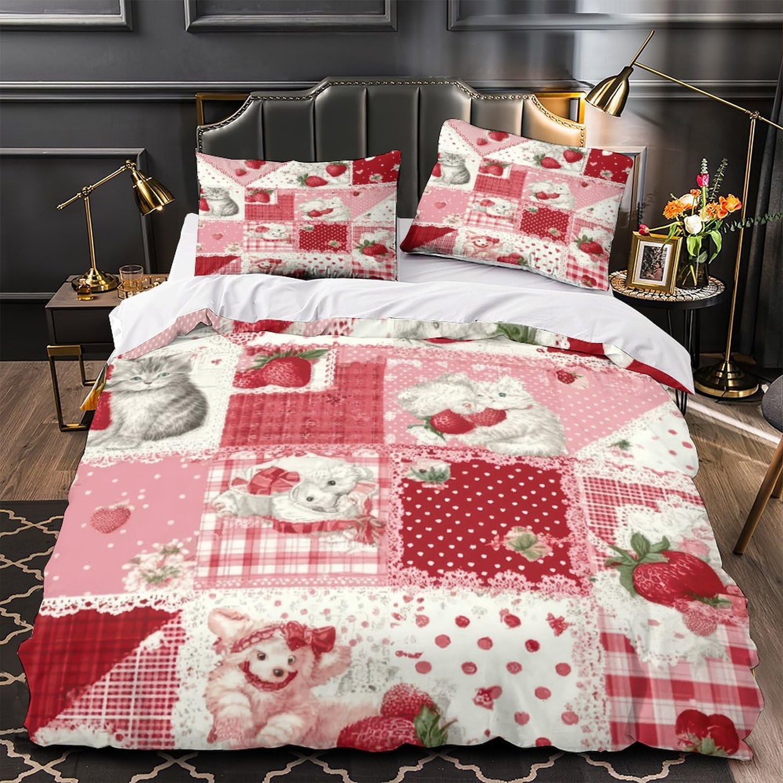 Housse de couette fraise 3D 200x200 parure de lit microfbre