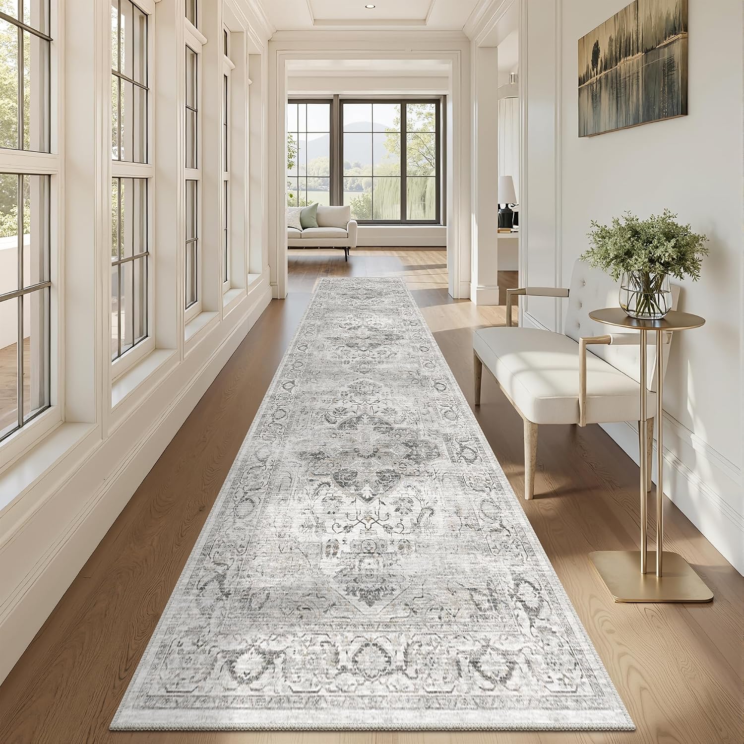 Washable 2.6x10 Runner Rug, Non Slip Hallway Rugs Ivory/Gray image 4