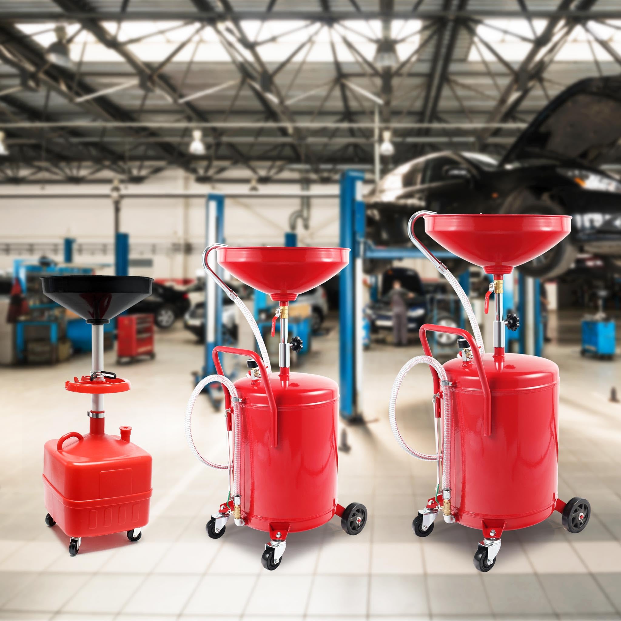 WilTec Recogedor de Aceite Usado 80l, Altura regulable122-168cm y chasis 4 Ruedas, Vaciado Aire a presión