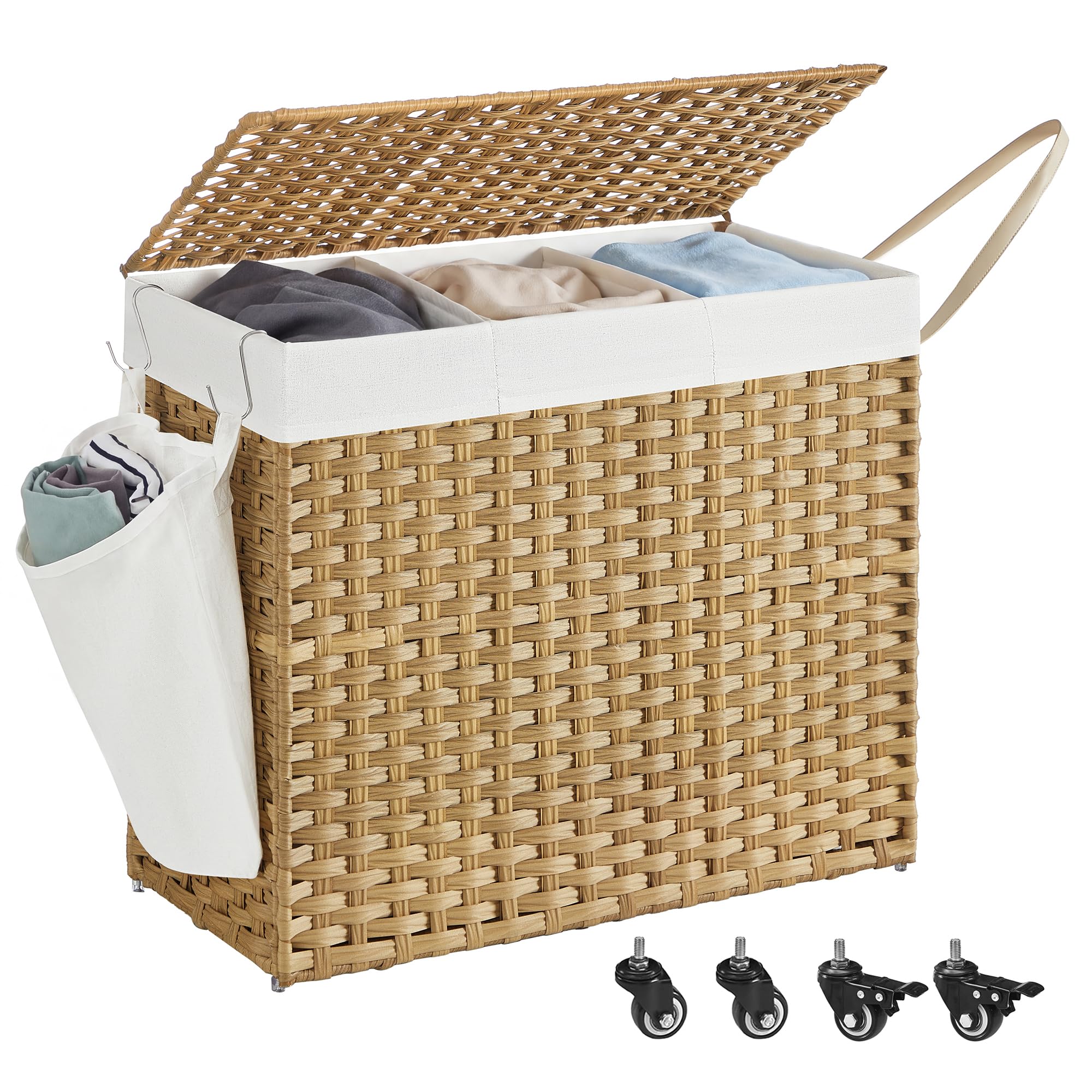 SONGMICS Laundry Basket with Lid, 160 L, Rolling Laundry Hamper with Wheels, 3-Compartment Synthetic Rattan, Removable Liner, for Laundry Room, Bedroom, 70 x 36 x 66 cm, Natural LCB365N01