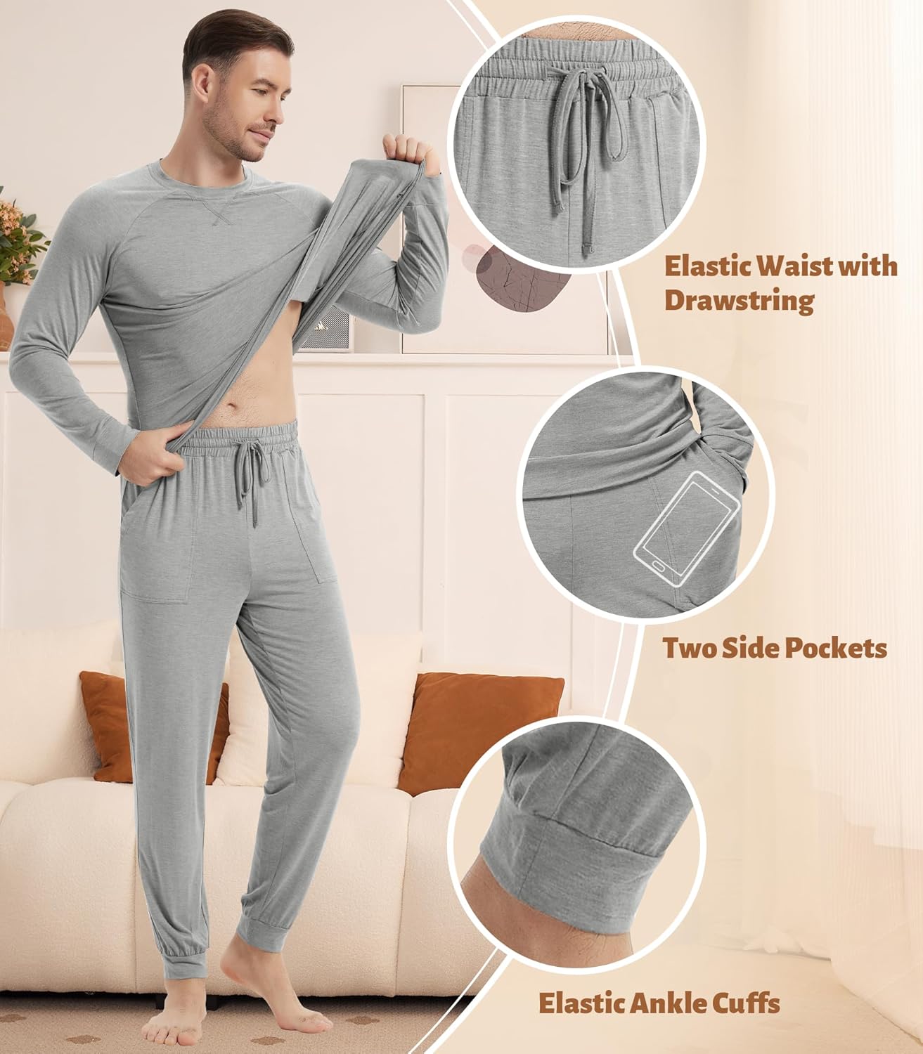 NACHILA Mens Pajamas Set Long Sleeve Henley Sleepwear Top Soft Jogger Pants Pajamas Cool Pjs Set,Viscose Made from Bamboo - Image 4