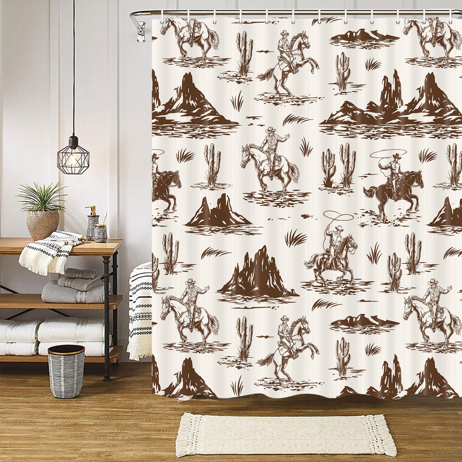 Dongbei Western Cowboy Shower Curtain with Cactus Landscape, American Wild West Cowboy on Horse in Desert Bath Curtain Farmhouse Country Southwestern