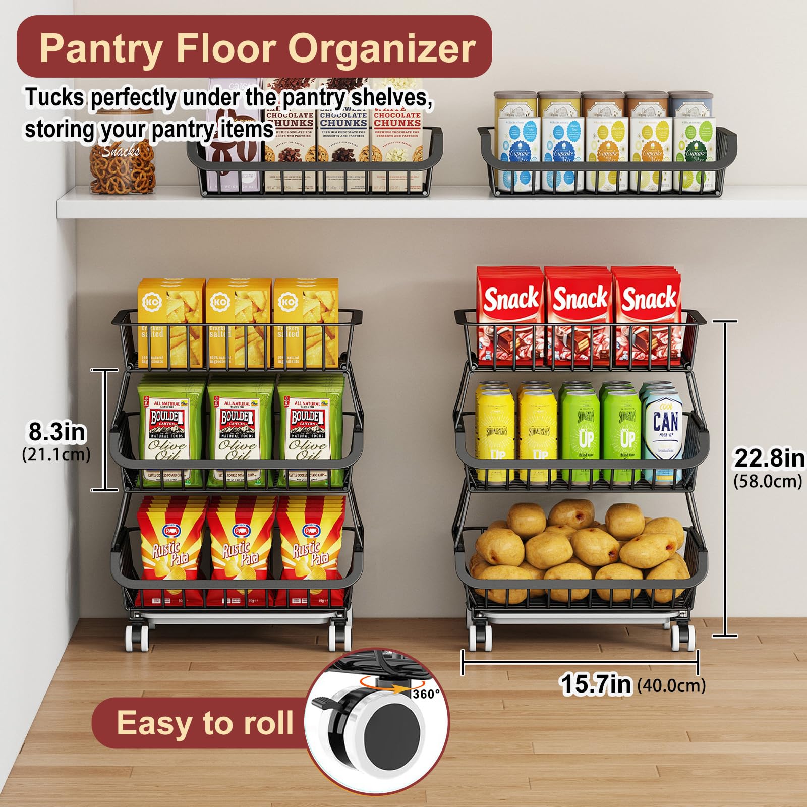Carrito de despensa rodante de 3 niveles con ruedas, organizador de piso de almacenamiento de alambre apilable para estantes de cocina, despensa, soporte de cesta de frutas, estante de