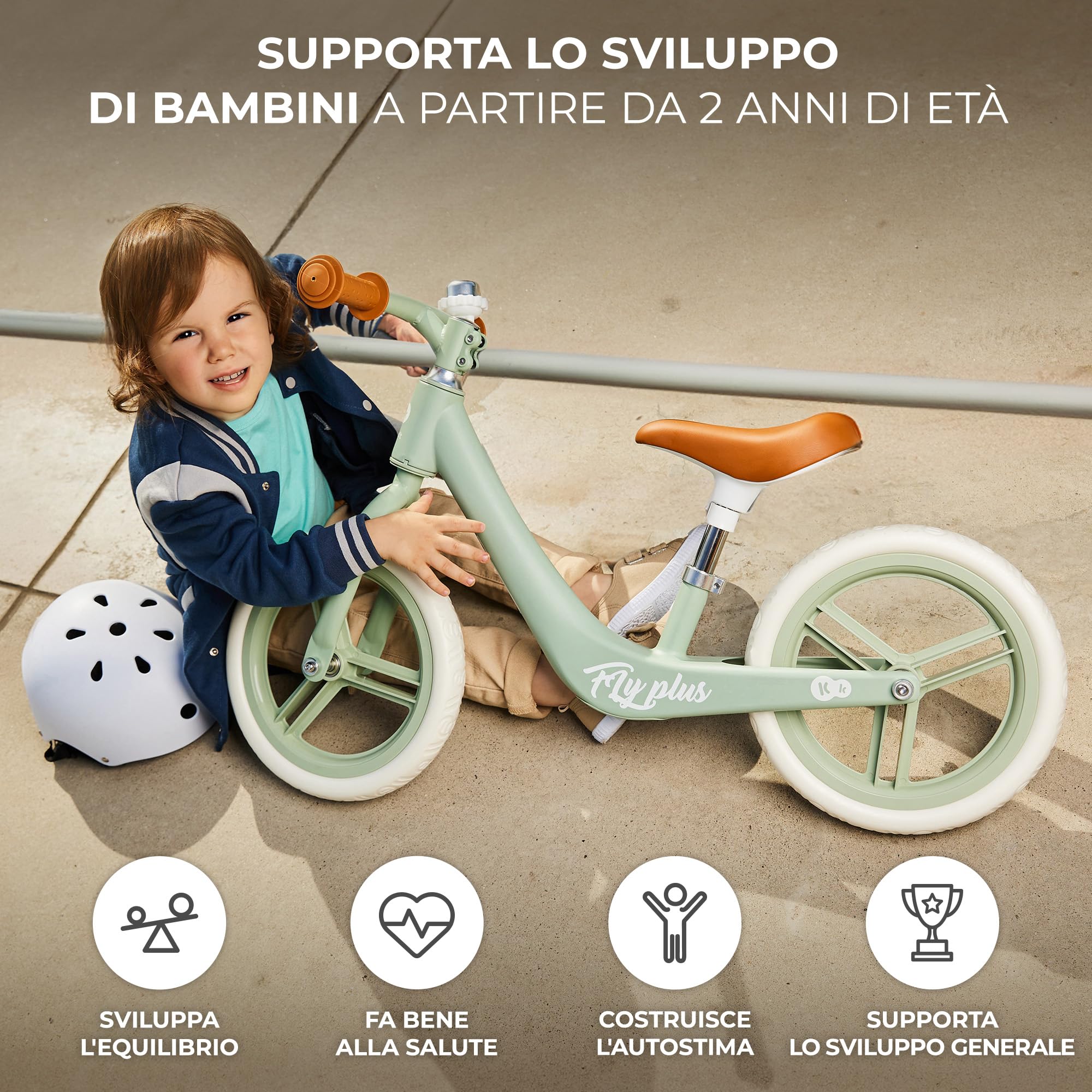 Kinderkraft FLY PLUS 2 Bicicletta bambini, Leggero Bici Senza Pedali, Stile Retro, Magnesium, Design retro, fino 2 Anni, Struttura leggera, 2.8kg, Sellino regolabile, Verde