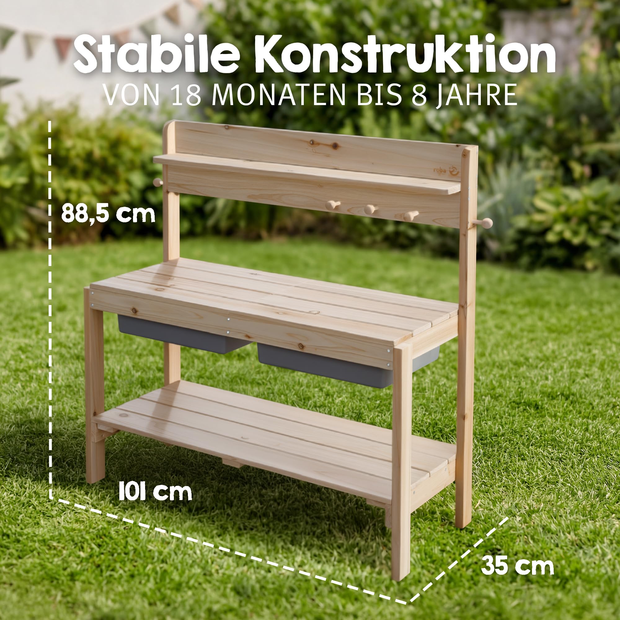 roba Kinder Outdoor+ Gartenküche "Fun" - Holz - Matschküche mit Abnehmbarer Abdeckung - Natur