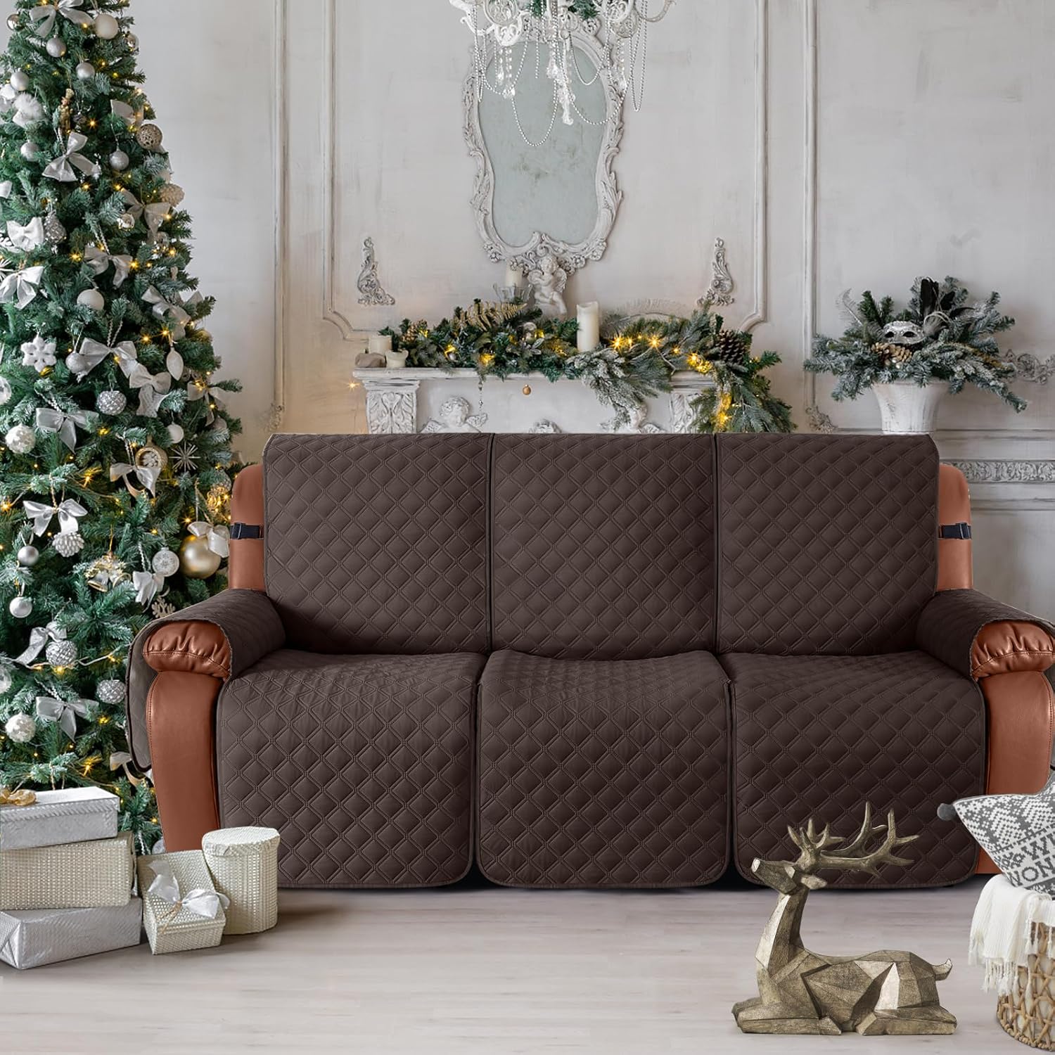 Ruaozz Waterproof Recliner Sofa Covers, Couch Covers for Reclining Couches 1-Piece Reclining Couch Cover Washable Furniture Protector with Elastic Straps Pocket for Kids Pets (Chocolate, 3 Seater)