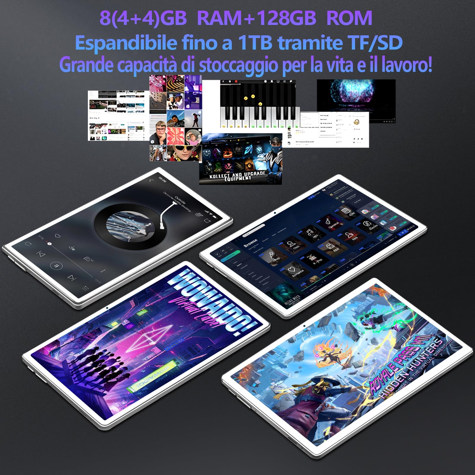 KADYBE 2025 Ultima versione Android tablet 10 pollici, 8 RAM+128GB(TF 1TB), Octa core, 5G WLAN, 8+13 MP,1080 LCD,GPS, GMS,1,8 GHz, 7000 mAh, tablet PC con tastiera e mouse,Type C-(Argenteo)