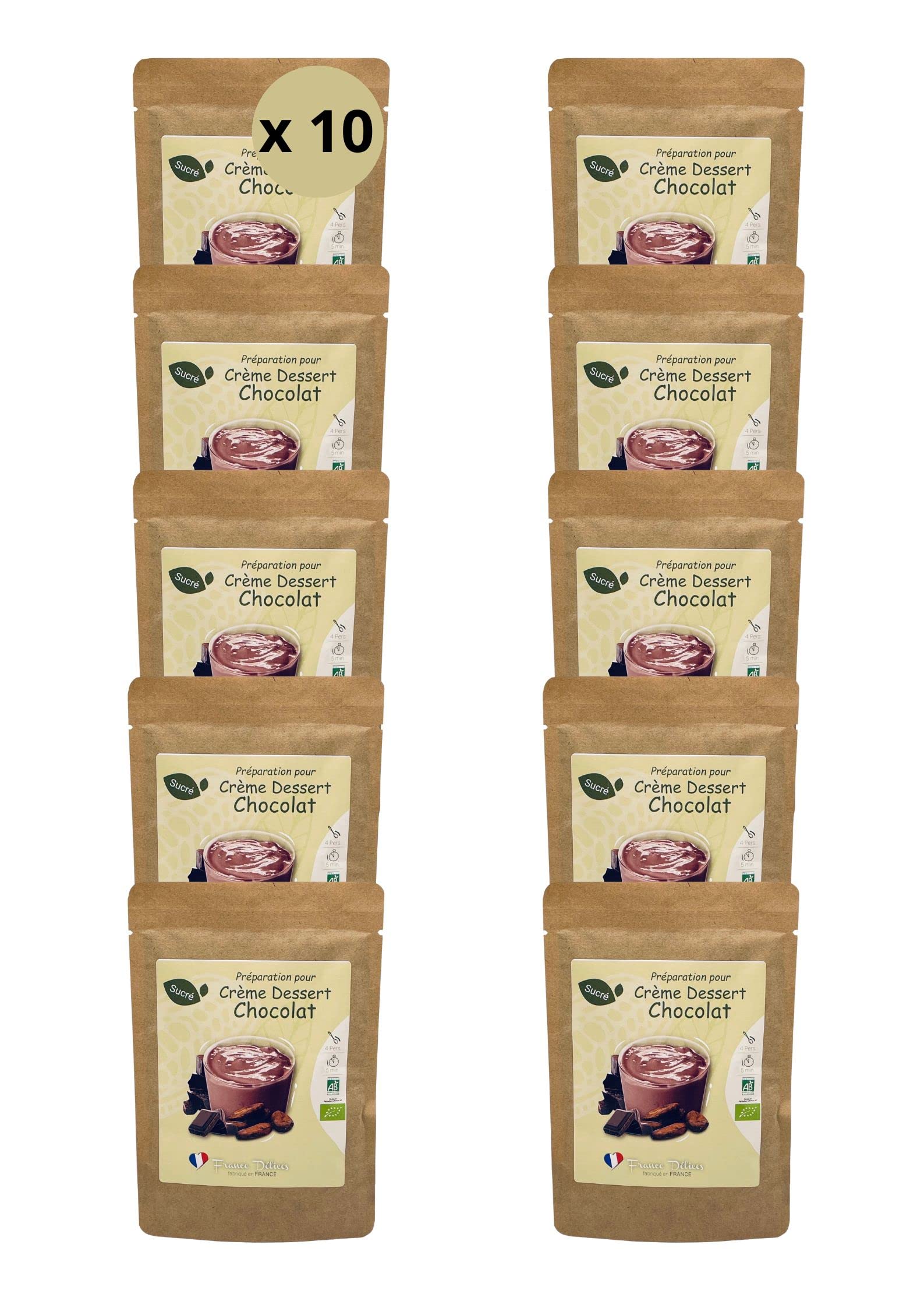 FRANCE DÉLICES - Préparation Pour Crème Dessert Au Chocolat Bio - Dessert Gourmand Et Naturel - Prêt En 5min - Fabrication Artisanale En France - Sans Gluten - 4 Pers. - 10 Sachets De 100g