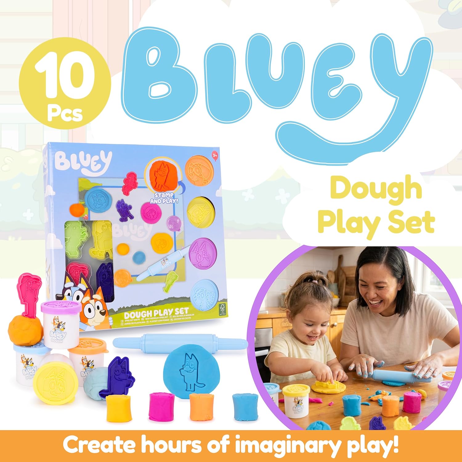 Toyland® 10-Piece Bluey Activity Set - Kids Dough Kit with Roller, Stamps & Wipeable Play Mat, Arts & Crafts Toy for Toddlers & Preschoolers (Ages 3+)