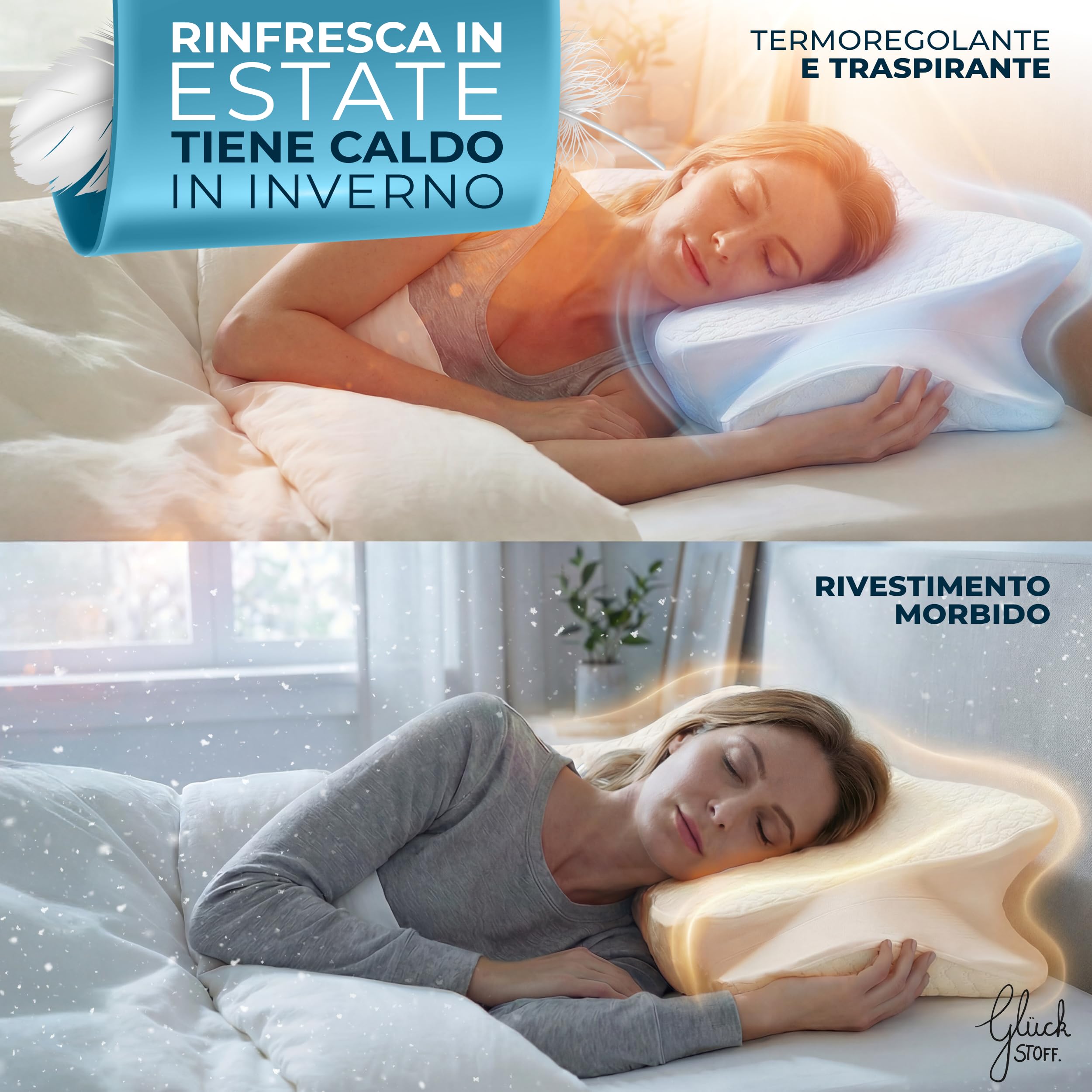 Glückstoff® Cuscino Memory Foam [PER TUTTE LE POSIZIONI DI SONNO] – Cuscino Ergonomico Memory Foam – Morbido Cuscino per Testa e Collo – Cuscino Letto Traspirante con Fodera in Bambù – Neck Pillow