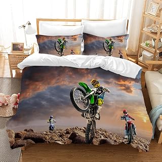 Motocross Bettwäsche Sets, 3D-gedrucktes Muster von Extremsport-Motorrad-Themen-Bettbezug mit 2 Kissenbezügen, für Erwachsene und Kinder (135 x 200 cm, Moto2)