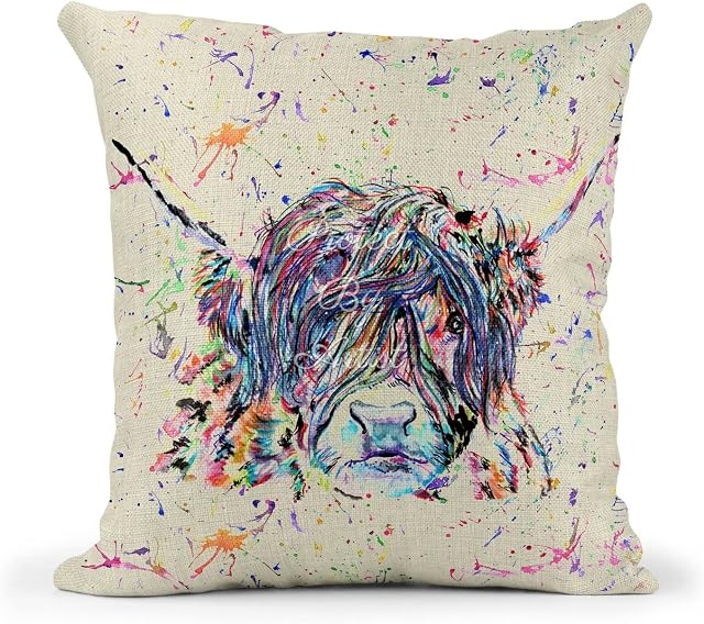 Vixar Scottish Highland Cow Watercolour Rainbow Art Farm animalsLinnen Cushion With filling or cover only, 40x40cm, gift, christmas, Birthday (Cover Only) (Cover Only)