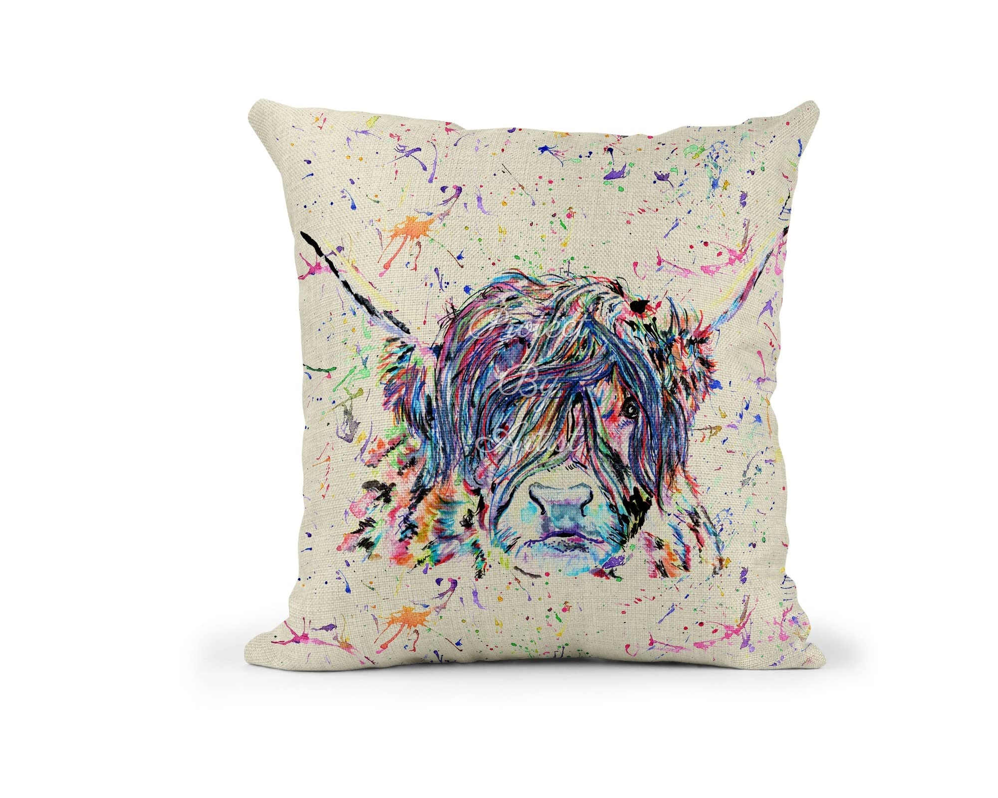 Vixar Scottish Highland Cow Watercolour Rainbow Art Farm Animalslinnen Cushion With Filling Or Cover Only, 40X40cm, Gift, Christmas, Birthday (Cover Only)