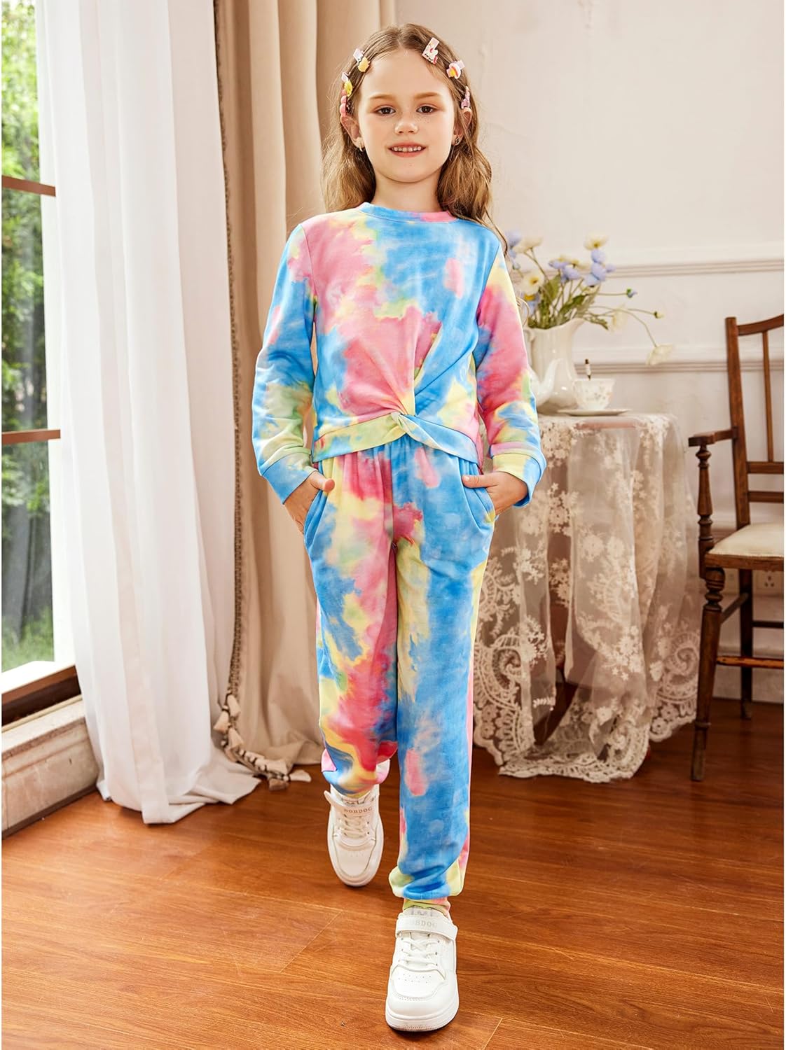 Arshiner Toddler Girl Clothes 2 Piece Outfits Fashion Twist Front Long Sleeve Sweatshirts and Sweatpants Sweatsuit Sets 10-11 Years Pink&blue&yellow image 2 of 8 B0C4YHM69P