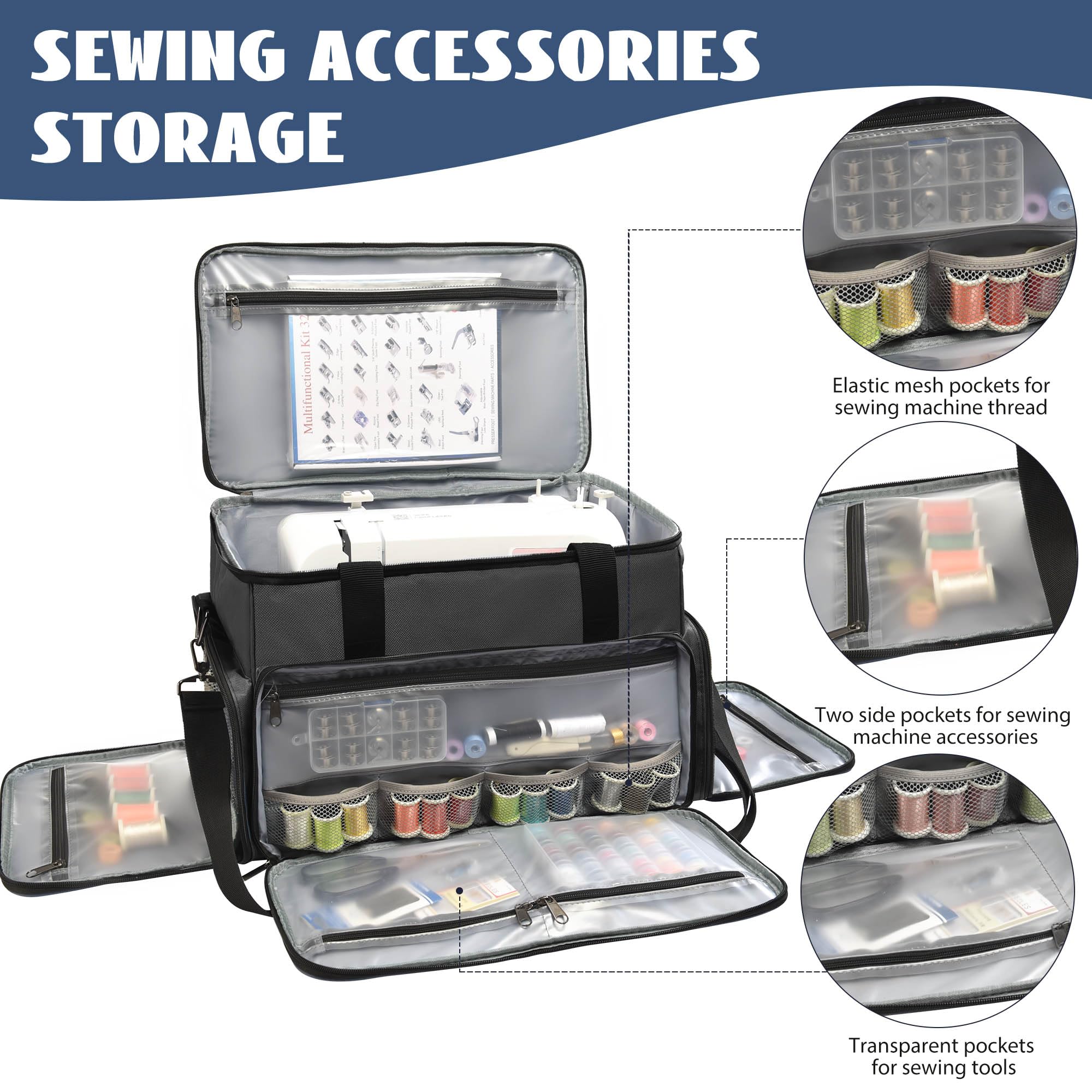 Bolsa Máquina Coser, Maletas de Transporte Máquinas de Coser, Bolsa de Viaje para Máquina Coser con 2 Bolsillos Extraíbles, Adecuado de la mayoría de Máquina de Coser, Gris(Sola Bolsa)