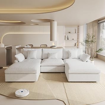 Cloud Couch Modular Sectional Sofa,119.29" U Shaped Couch, Oversized Down Filled Convertible Wide Seater,3 Seater with 2 Ottomans for Living Room Set, Covers Washable&,White