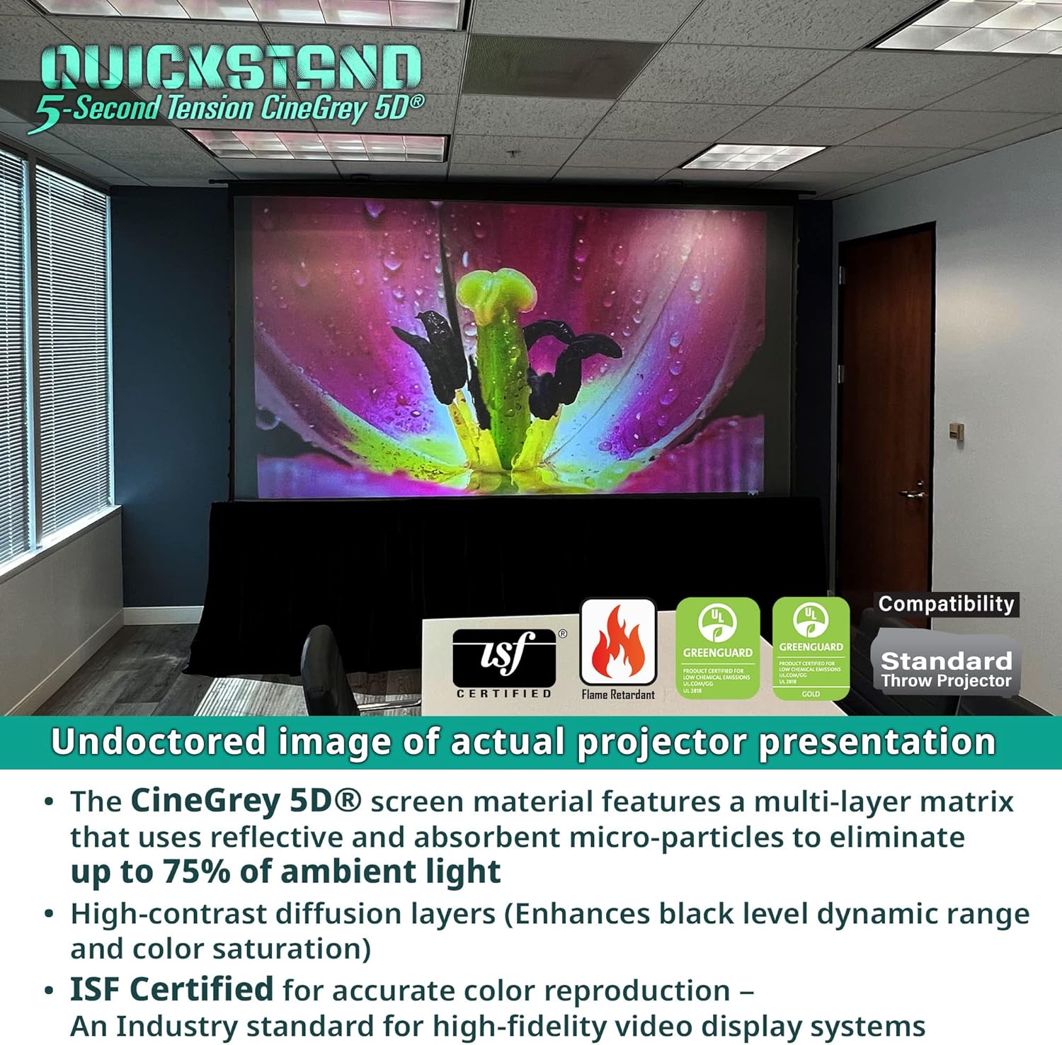 Elite Screens QuickStand 5-Second Tab-Tension C5D 145 Inch Manual Pull-Up Projector Screen, 16:9 ALR/CLR ISF Material, 4K 8K Home Theater – QS145HT-C5D