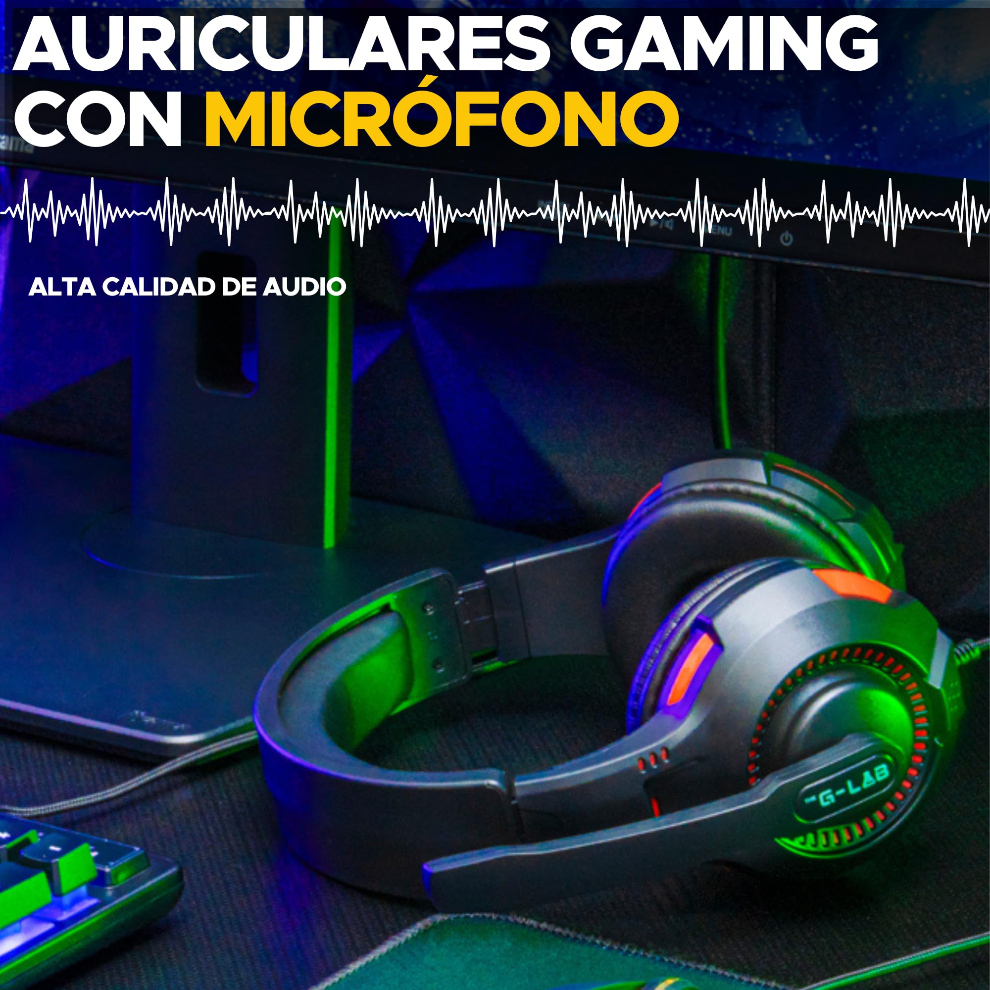 The G-Lab - Combo Sulfur - Pack 4 en 1 - Teclado Gaming QWERTY con Ñ, Ratón Gamer 3600 dpi, Auriculares Gaming, Alfombrilla Antideslizante para Juegos – PC, PS4, PS5, Xbox - Layout Espanol