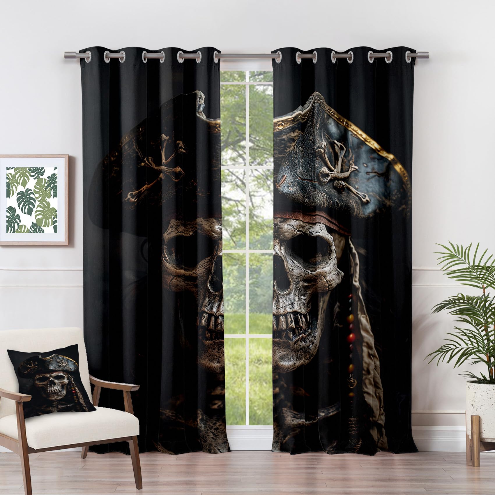 Black Skull Curtains - Skull Curtains - Pirate Skeleton Gothic Blackout Curtains 46 x 54 Inch (Width x Drop) 2 Panels, Horror Black Eyelet Curtains & Drapes