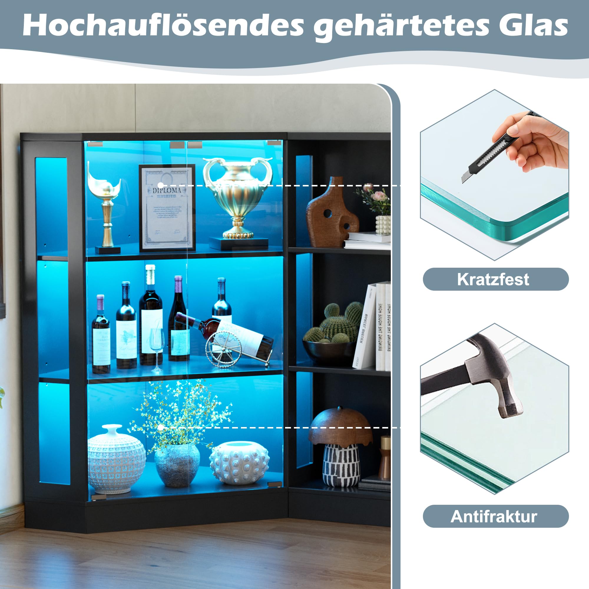 Vitrina de Cristal con LED,Vitrina Expositora Esquina para Colecciones de 3 Pisos,Puertas de Vidrio Templado Apertura por Presión,Estantes Ajustables,Para Sala, Oficina, Colecciones,100x116.5x60cm