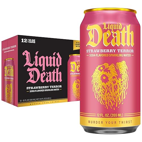 Liquid Death, Strawberry Terror, Soda Flavored Sparkling Water, 12-Pack (12oz Cans), Low Sugar, Huge Flavor & No Artificial Sweeteners - Strawberry Terror - 12 Fl Oz (Pack of 12)