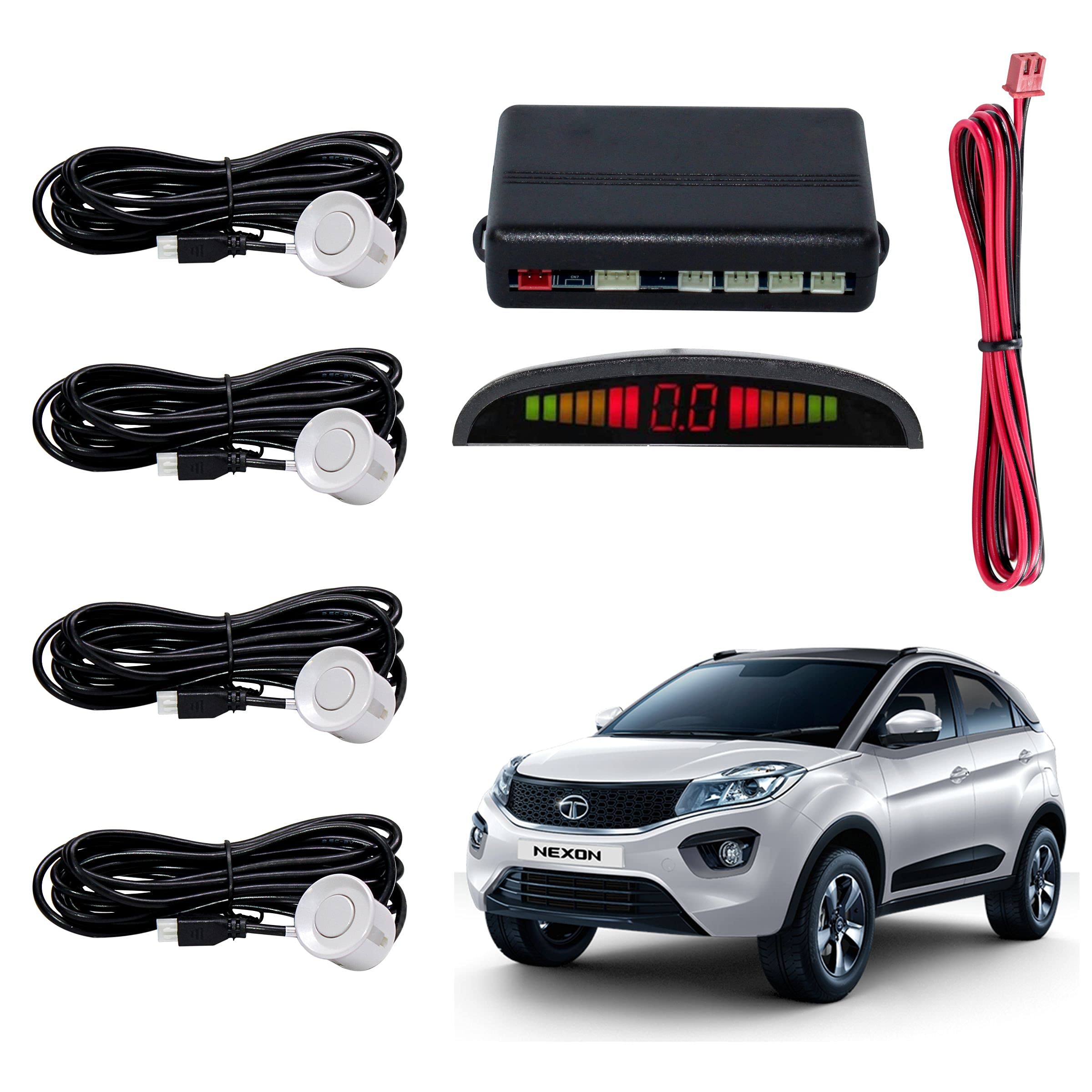 Car Reverse Parking Sensor with LED Display 4 Sensor Reverse Parking Auto Radar Detectors For Tata Nexon EV (White)-picture-29