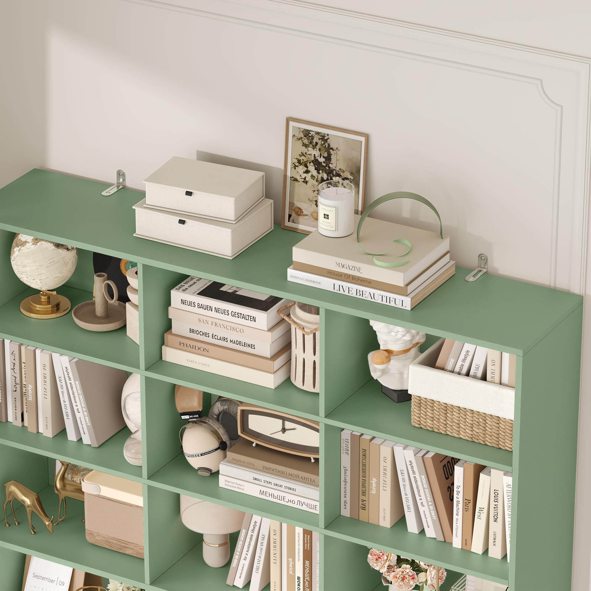 FirFurd 209 cm Libreria Verticale, Libreria da Parete a 4 Ante Verde | Vetrinetta Soggiorno a 15 Scomparti Aperti,Scaffale Portaoggetti Ampio Spazio,per Studio, Ufficio, Soggiorno,150x23.7x209cm