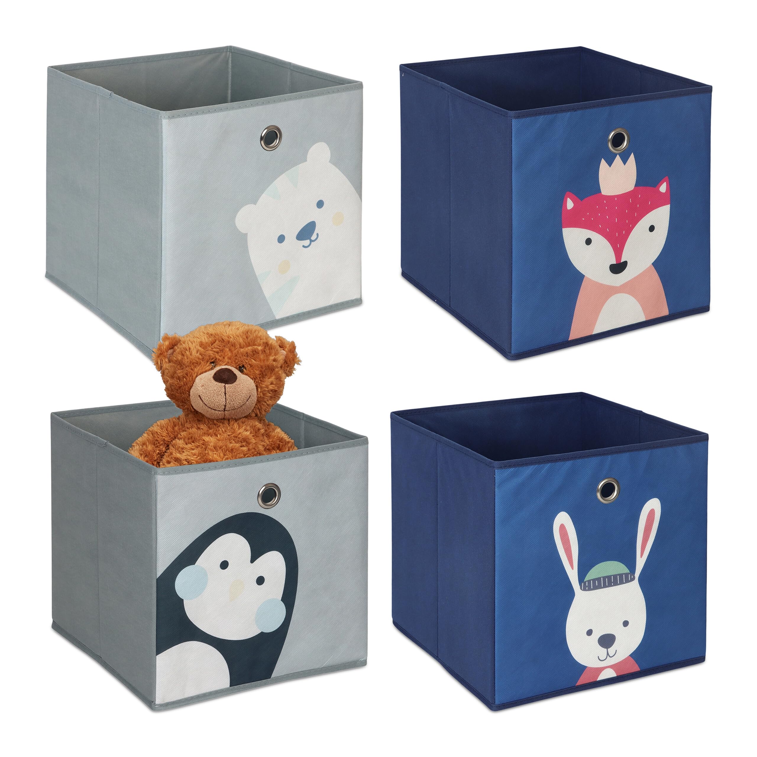 Relaxdays Set da 4 Contenitori per Giochi dei Bambini, Scatole Portagiochi con Disegni, Cubi 30x30x30 cm, Colorato