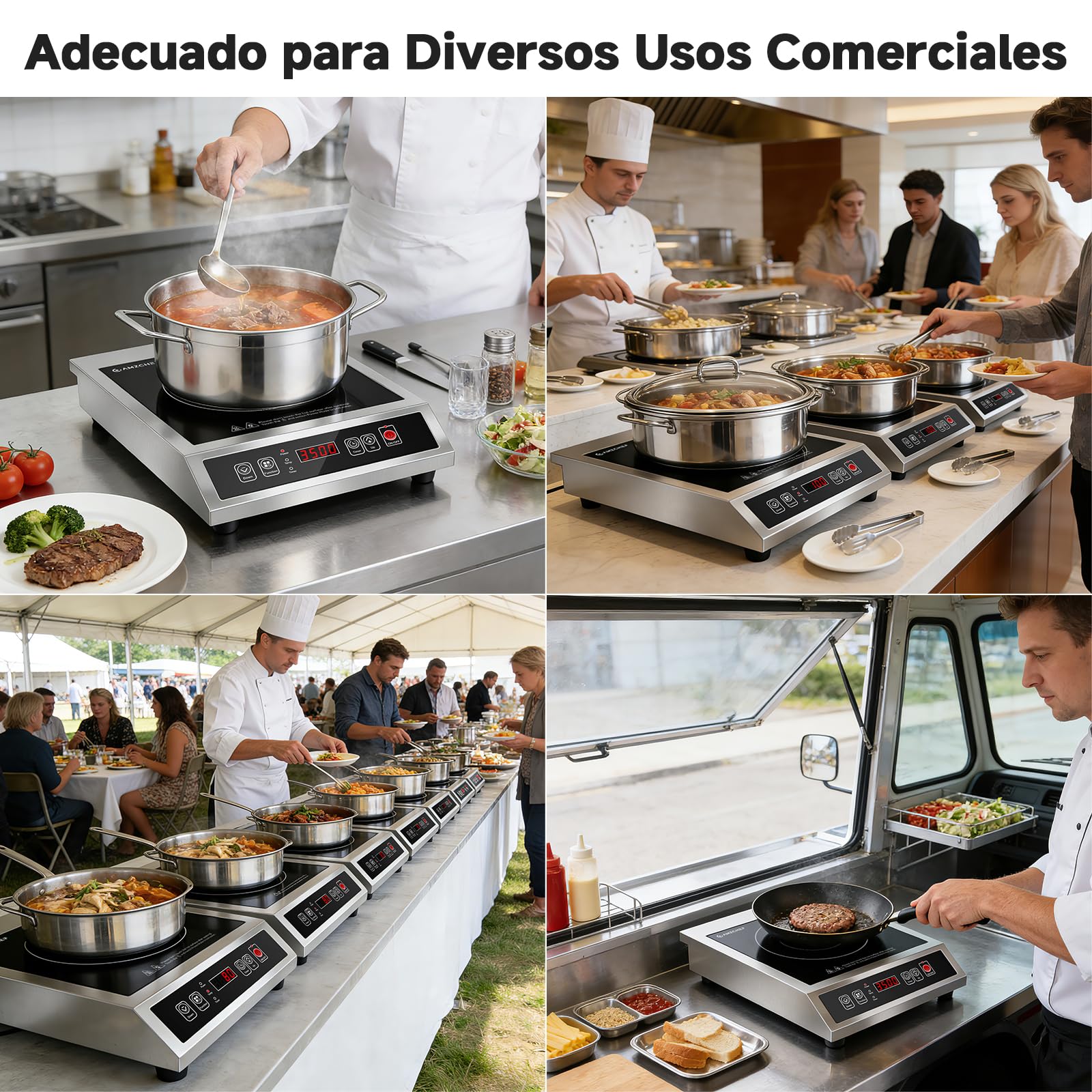 AMZCHEF Placa Inducción Comercial 3500W, 21 Niveles de Potencia & 20 Niveles de Temperatura, Cuerpo de Acero Inoxidable, Temporizador 10H, Adecuado para Cocina de Catering Profesional Restaurante