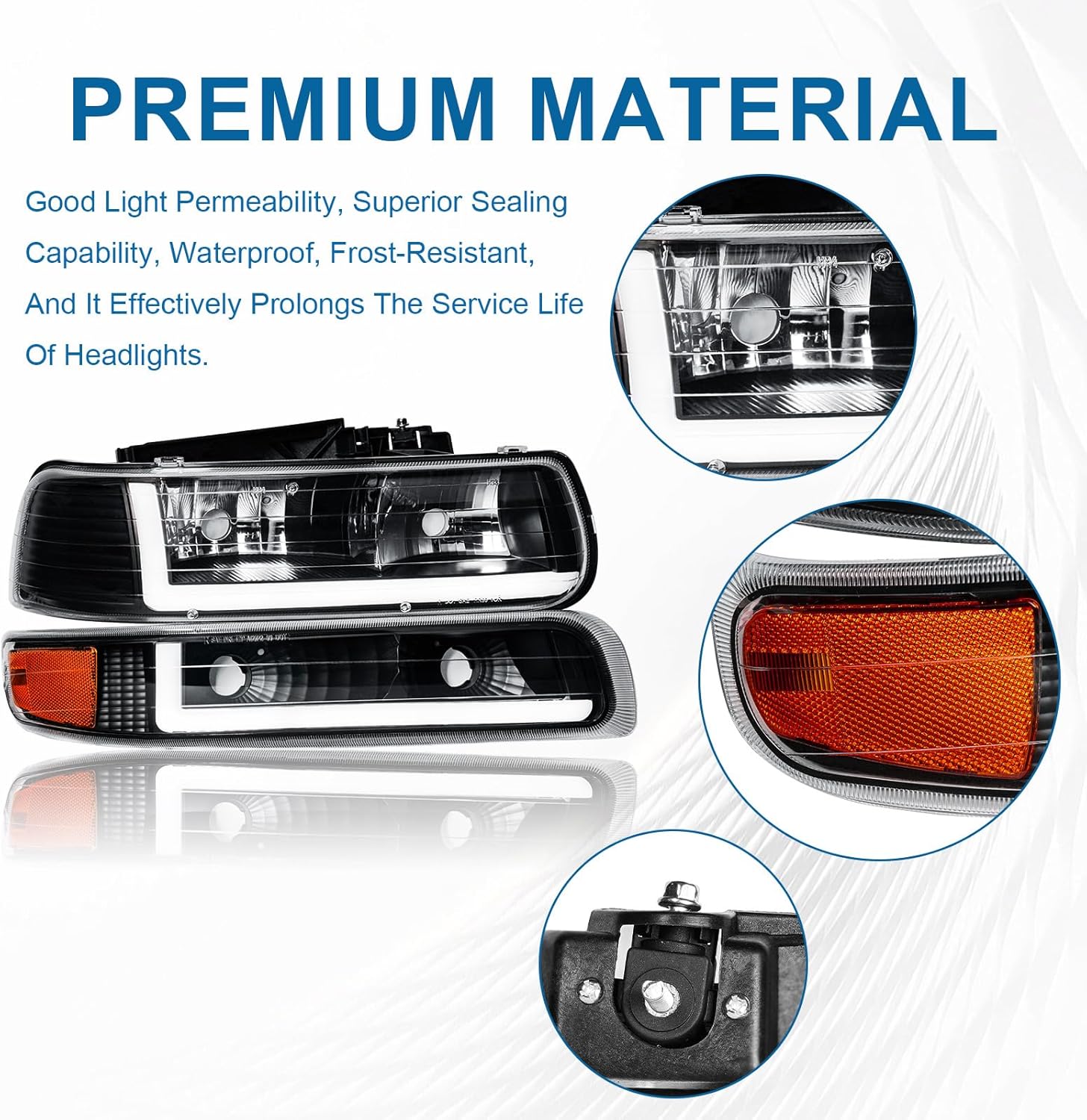 Pair LED DRL Headlights Assembly for 1999-2002 Chevy Silverado 1500 2500 1500HD 2500HD 3500/2000-2006 Tahoe Suburban 1500 2500 Replacements Amber Reflector Black Housing