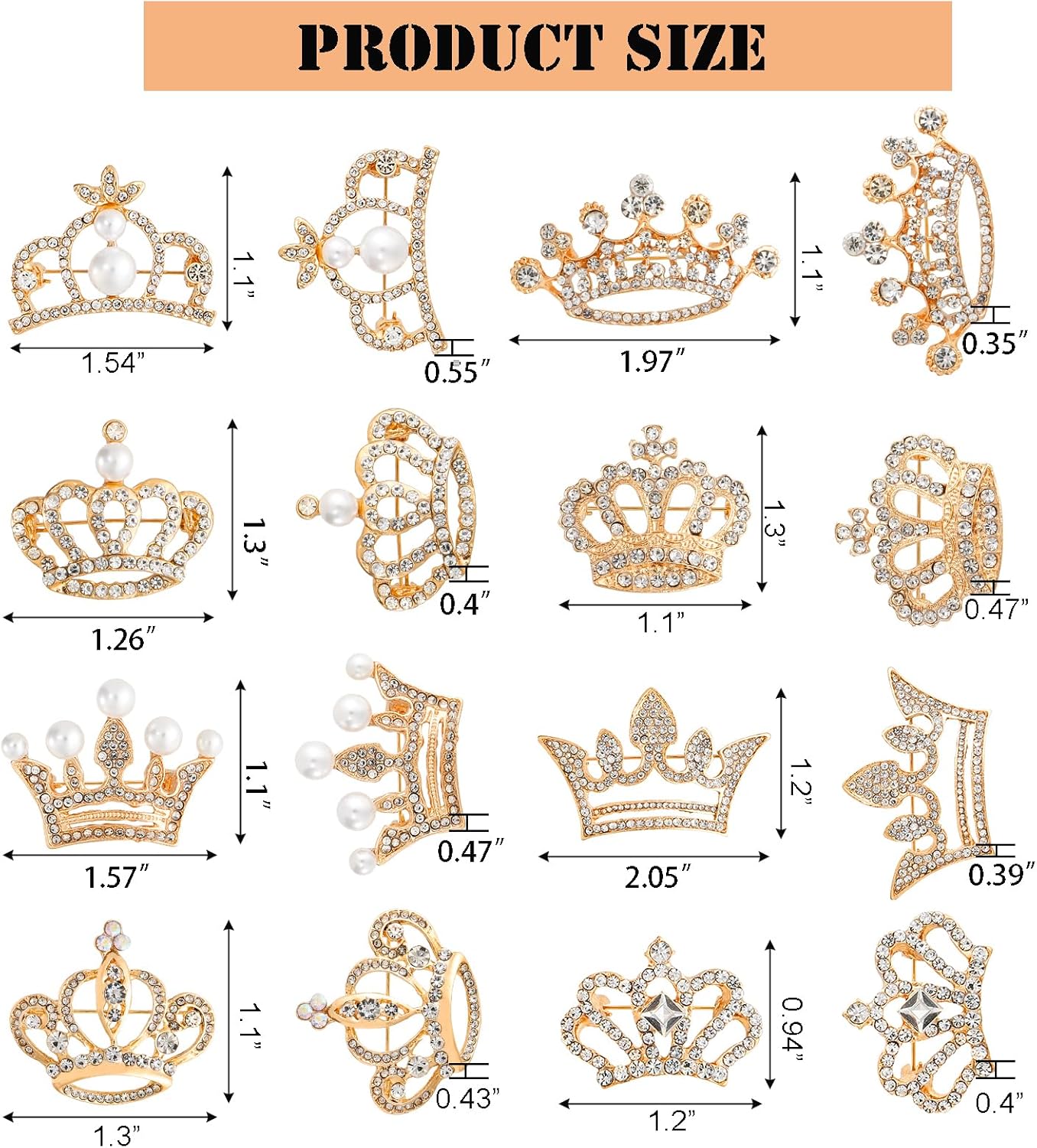 Okllen 16 Pcs Small Crown Pins for Women Men, Gold Silver Rhinestone Crown Brooches with 8 Styles for Lapel, Sashes, Wedding - Image 2