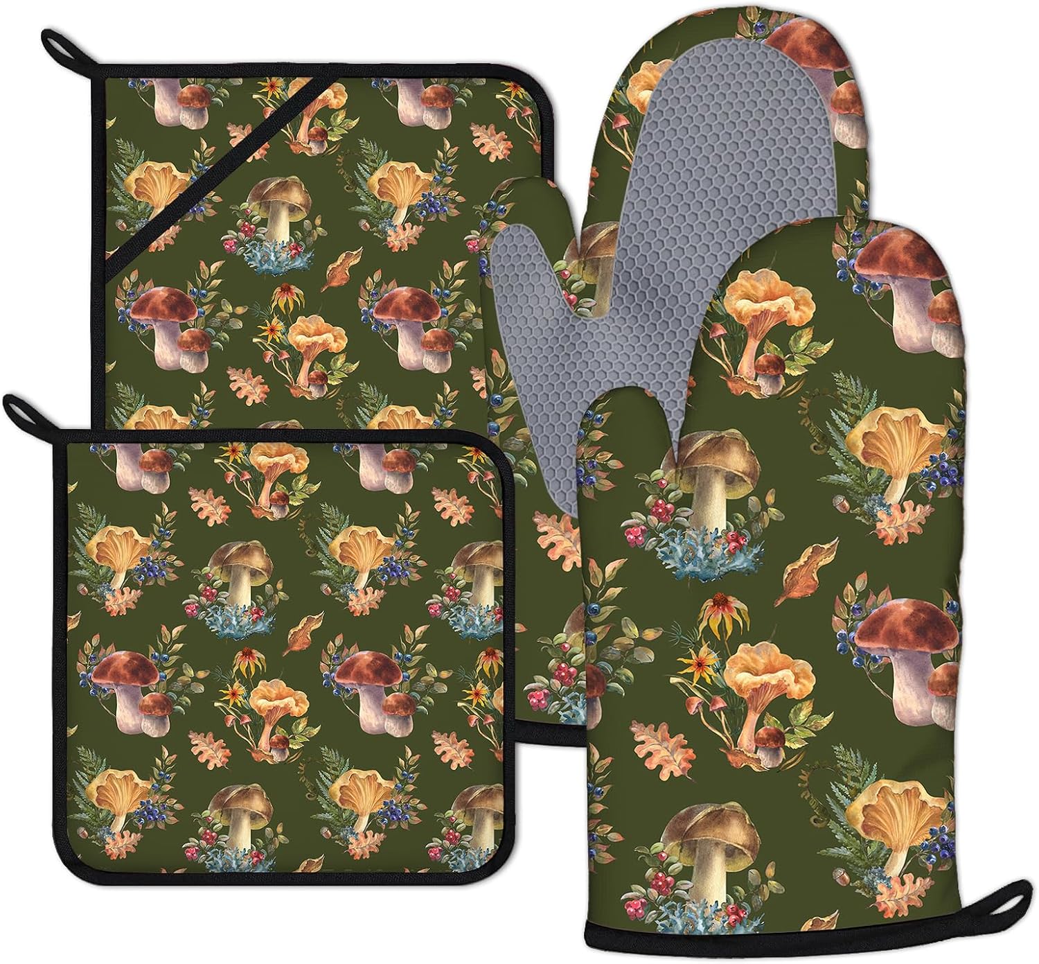Retro Green Mushroom Oven Mitts and Pot Holders Sets 4Pcs Potholders Hot Pads Oven Gloves House Warming for Kitchen Cooking Grilling BBQ