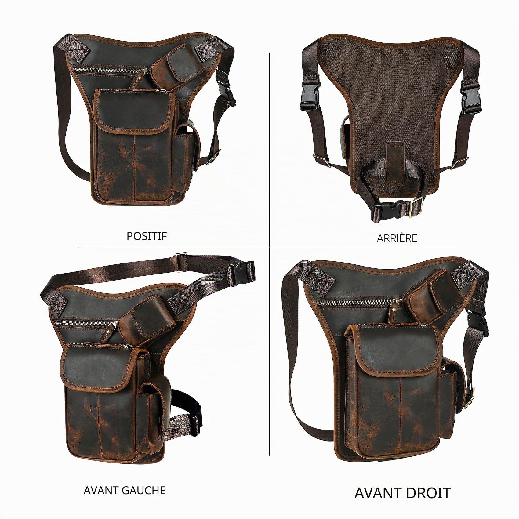 Toile Imperméable + Cuir Véritable Moto Fanny Sac de Taille Waist Bag Cuisses Sacs pour Les Jambes pour Hommes Femmes FB211-8 (100% Cuir véritable - x3106 Marron)