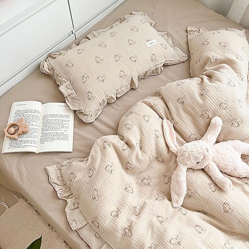 Miniatura 7 de BuLuTu Funda de almohada de muselina de algodón de 2 capas para niños pequeños con patrón de conejo, funda de almohada suave y transpirable para