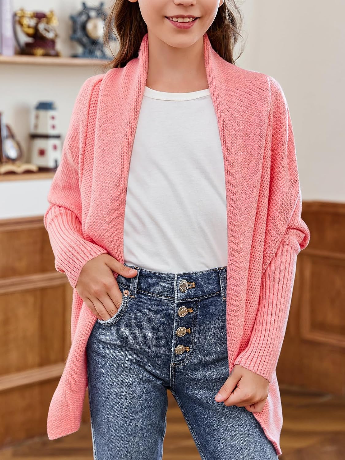 Laseily Girls Open Front Cardigan Sweaters Batwing Long Sleeve Shawl Collar Ribbed Knit Winter Coats - Image 3