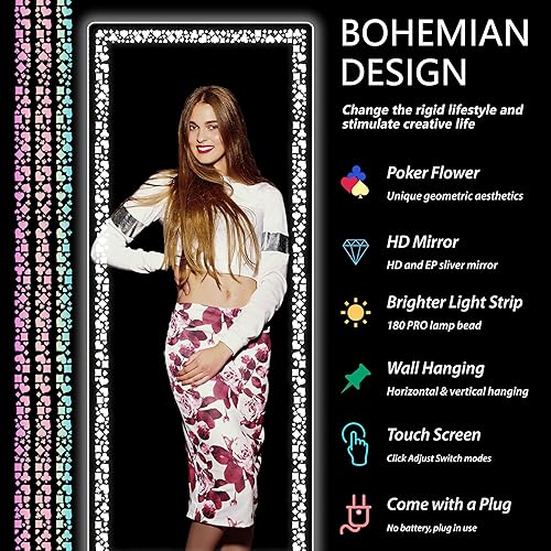 Miniatura 2 de Hasipu Espejo LED de 55 x 17 pulgadas de longitud completa, espejo de longitud completa con luces, patrón de flores de póquer, espejo LED de