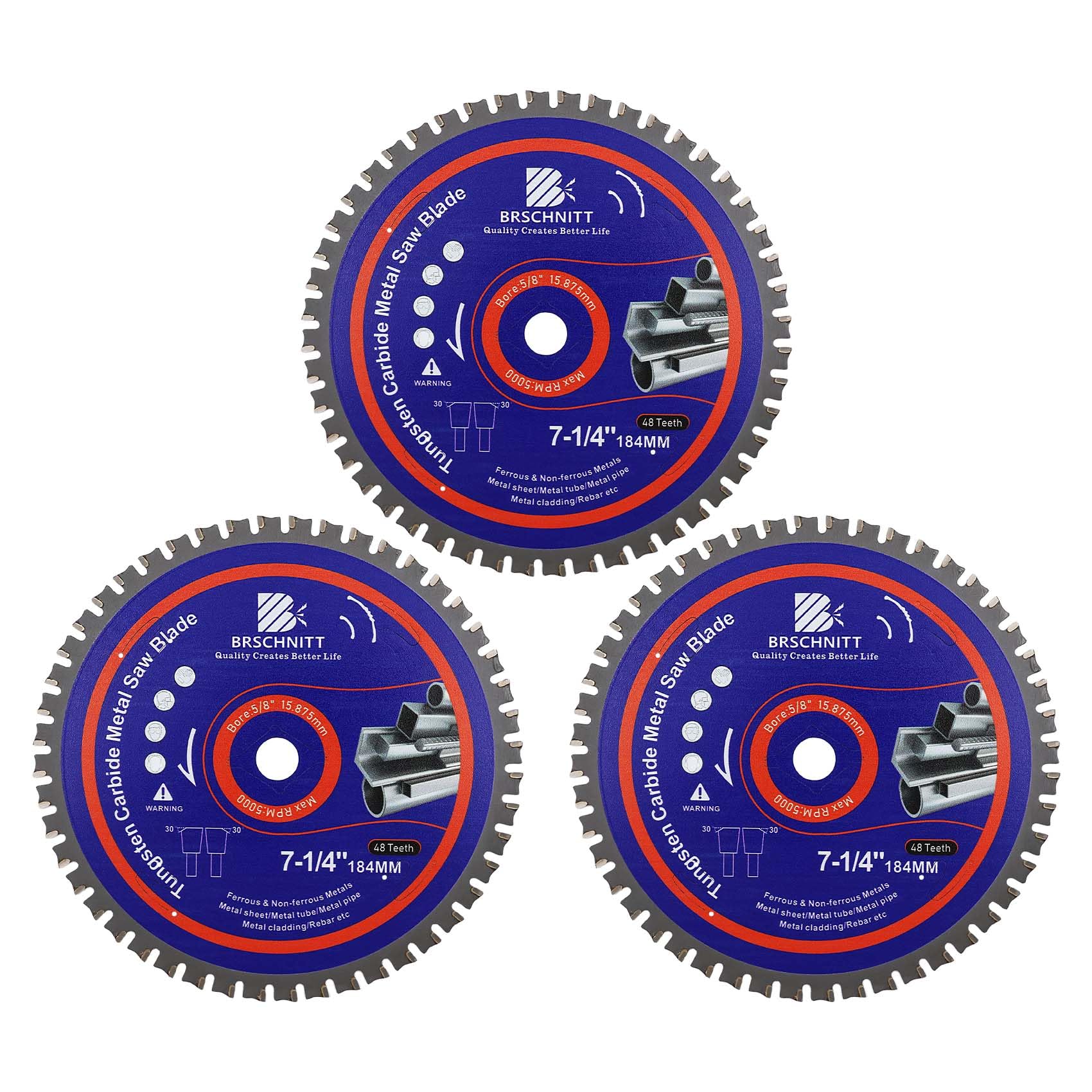 184MM Metal Cutting Circular Saw Blade - BRSCHNITT 3pcs Tungsten Carbide Tipped TCT Saw Blades for Iron, Iron Pipe, Ferrous Metals 48T Arbor:15.875MM