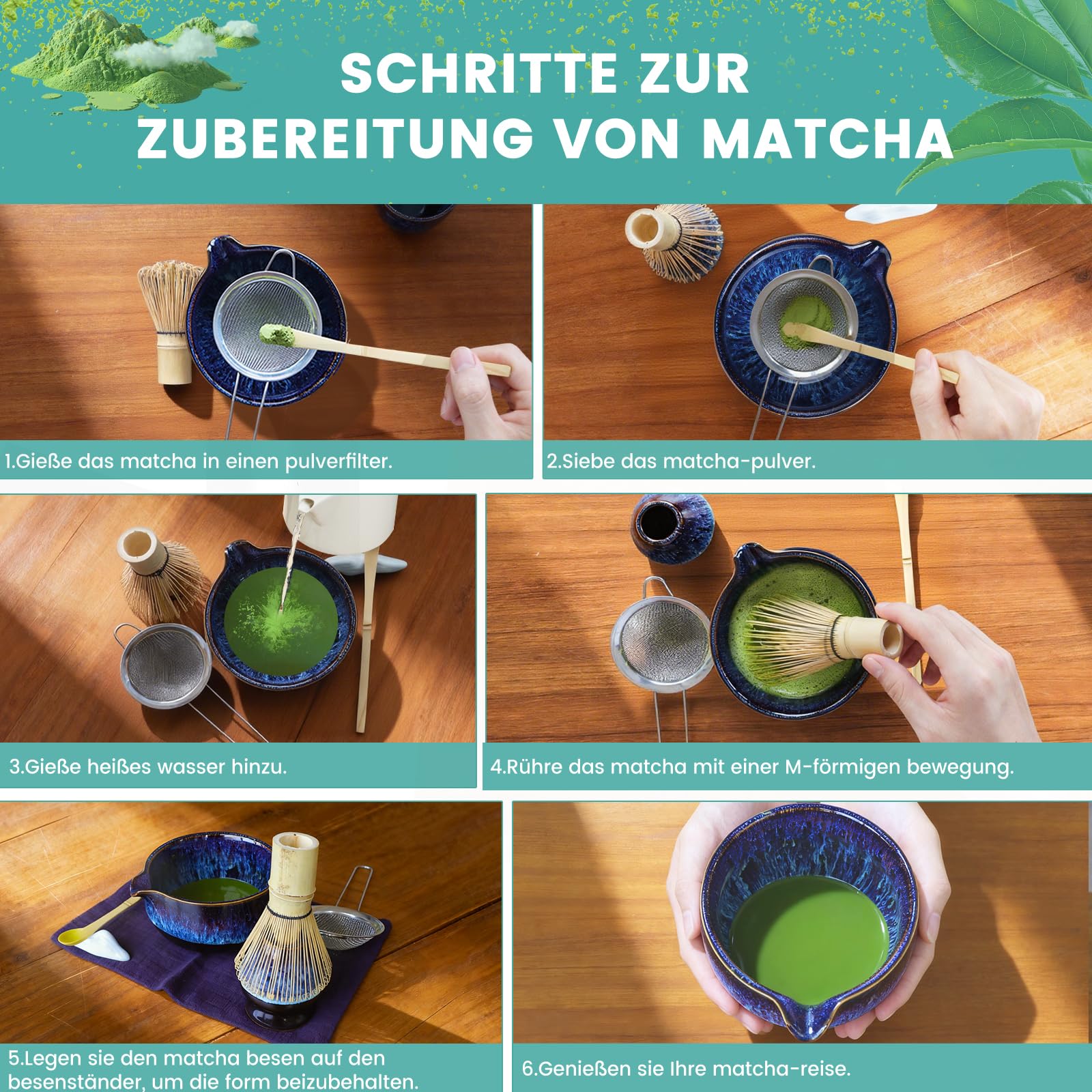 FIVAVA Matcha-Set – 7-Tlg. Macha Tea Set mit Matcha Schale und Matcha Zubehör, ein hochwertiges Matcha Set für Matcha-Enthusiasten (schwarz)