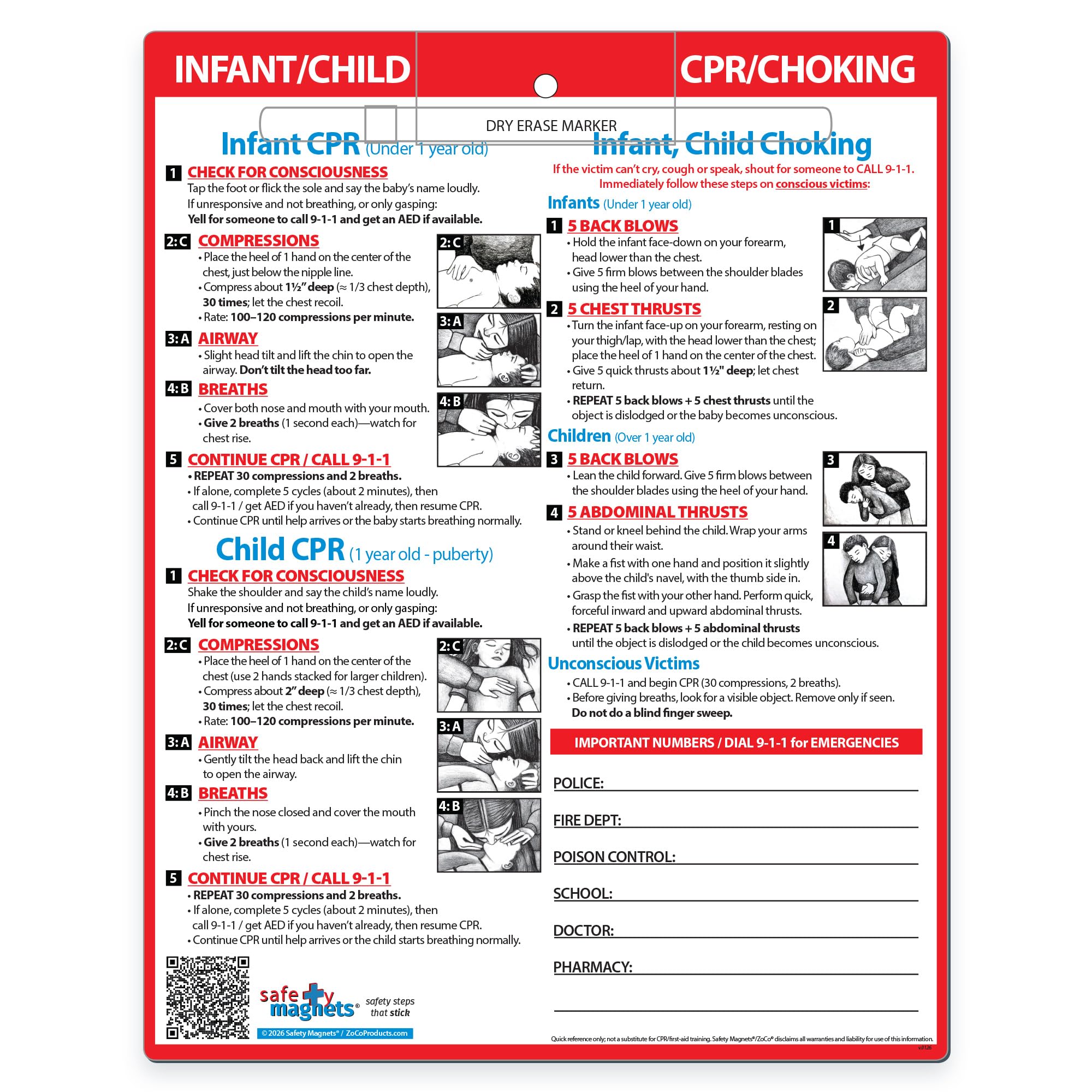 Imanes de RCP y asfixia para bebés y niños (paquete de 10) - Laminados con imanes, marcador - 8.5 x 11 pulgadas - Tarjeta de referencia rápida de primeros auxilios para niños - Números de teléfono de