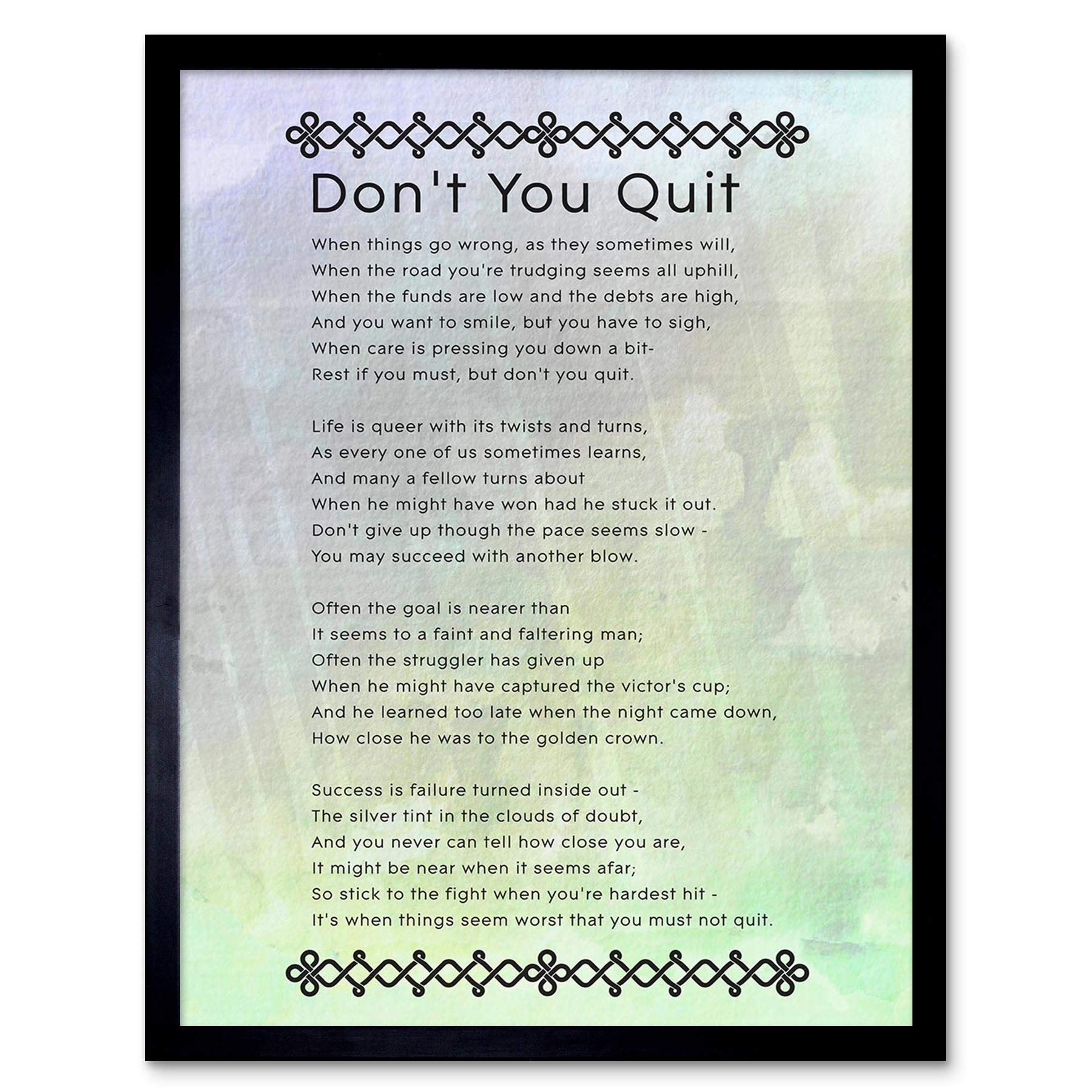 Framed Art Print - Don't You Quit Poem - Blue Green Watercolour Typography Quote Art - W12 x H16 Inch