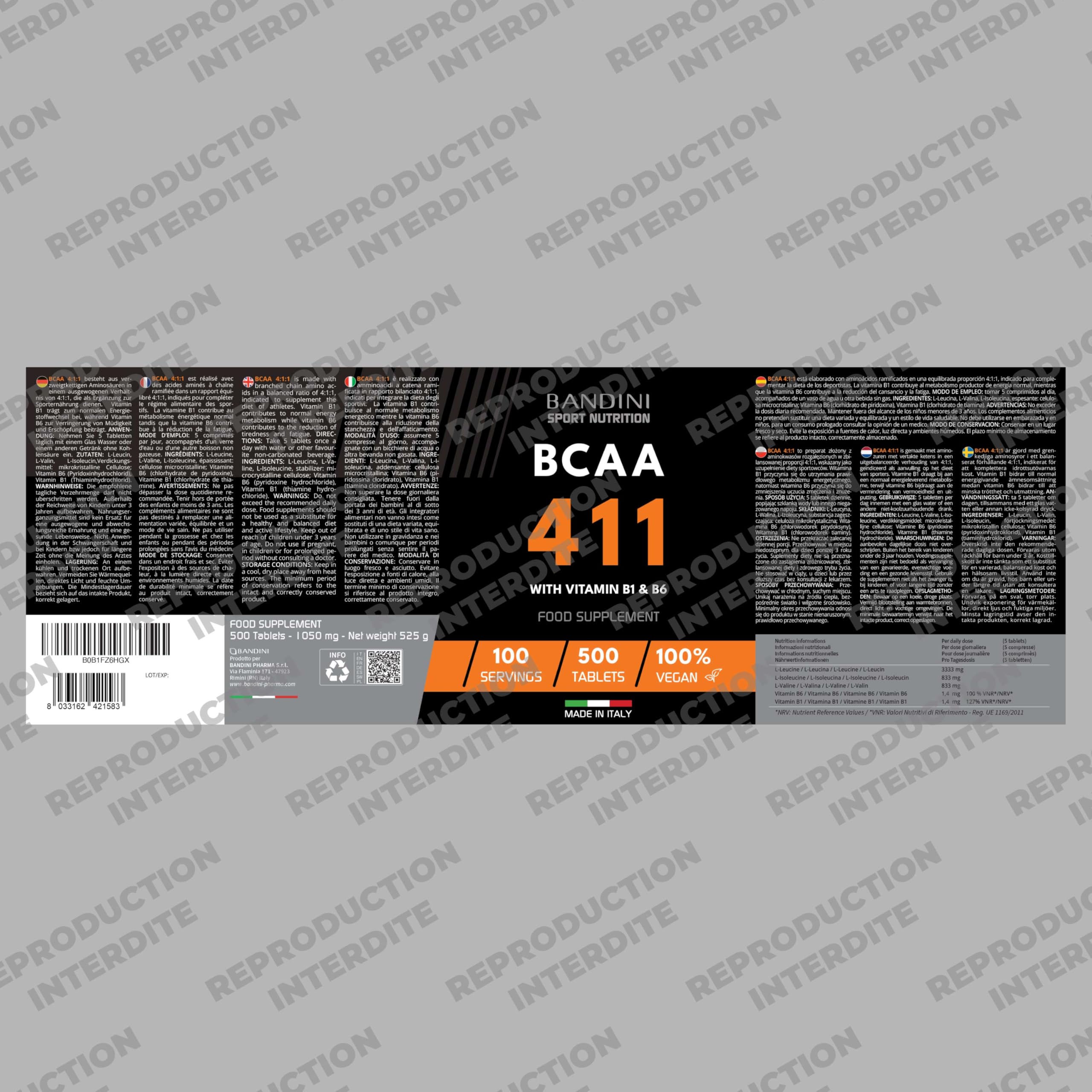 Bandini® BCAA 4.1.1 500 Comprimés = 100 Entrainements | Pré-workout Booster | Sans OGM | Musculation & Fitness | Acide Aminés Essentiels Valine Leucine Vitamine B1 et B6 | Puissant, Assimilation Rapide