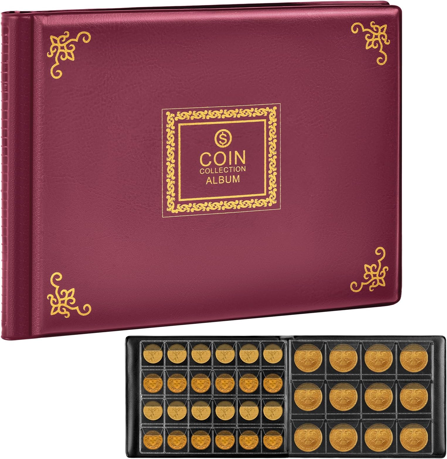 Coin Collection Supplies Holder Book for Collectors, 300 Pockets Coin Collection Organizer Storage Box Case Album for 20/25/ 27/30/ 38mm Coins (Vintage pattern burgundy)
