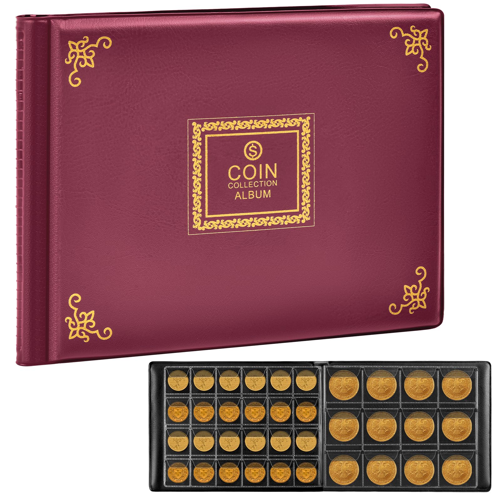 Coin Collection Supplies Holder Book for Collectors, 300 Pockets Coin Collection Organizer Storage Box Case Album for 20/25/ 27/30/ 38mm Coins (Vintage pattern burgundy)