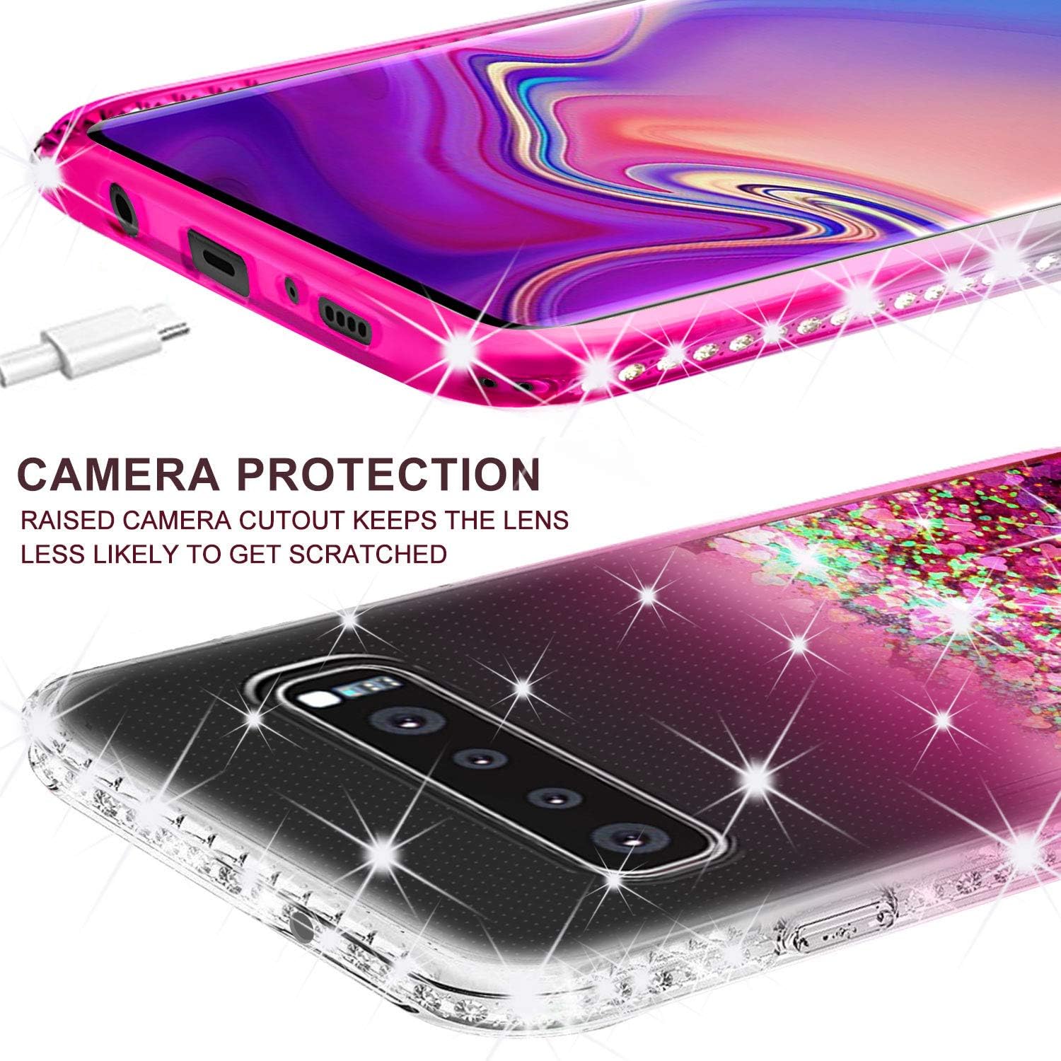 Galaxy S10e Case,Liquid Glitter Bling Phone Case Cover w/Tempered Glass Screen Protector Shock Proof Quicksand Cute Protective Girls Women Compatible for Samsung Galaxy S10e Cases - Clear/Hot Pink