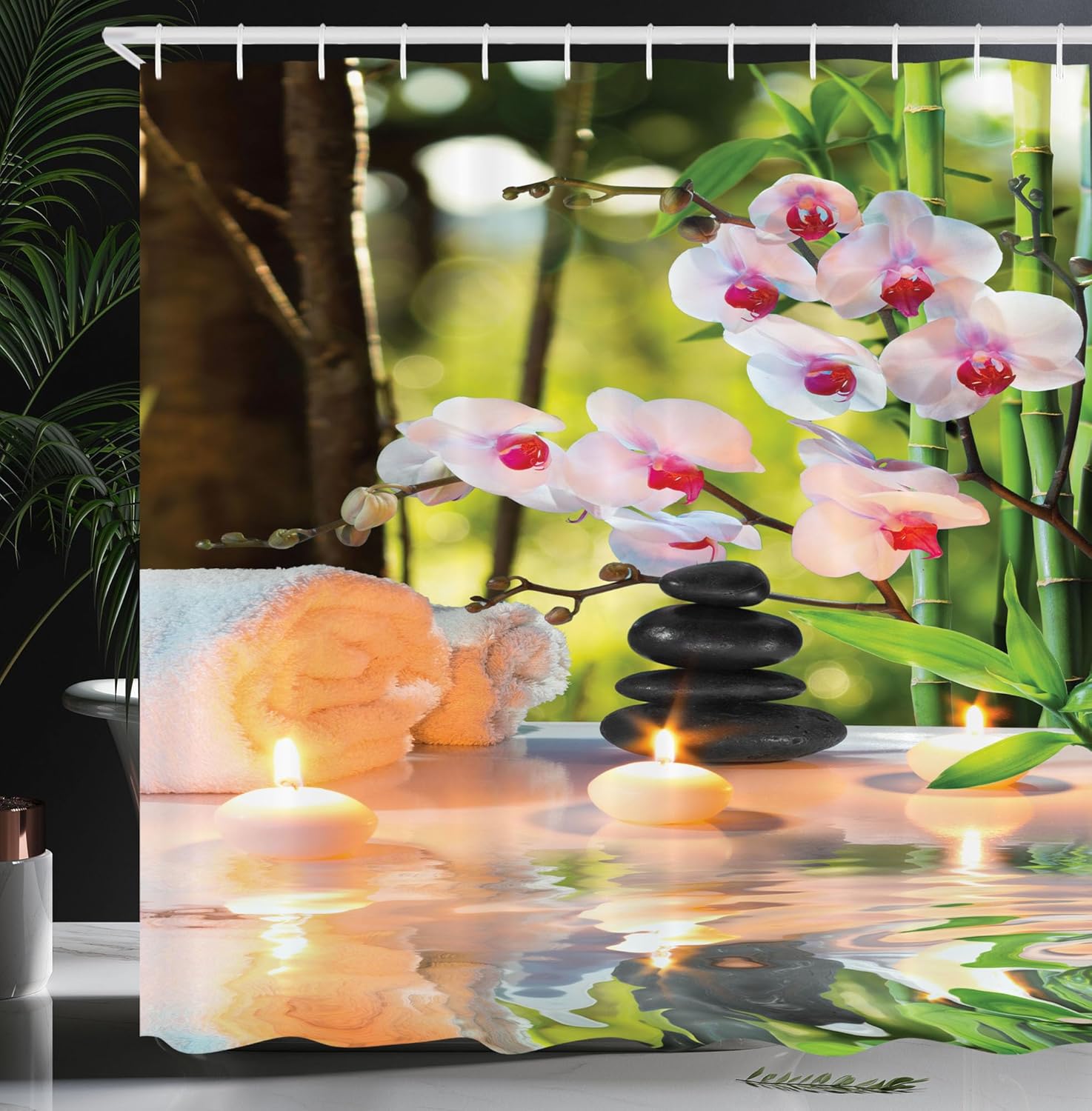 Ambesonne Spa Shower Curtain, Massage Theme Candles Orchids and Stones in Garden Japanese Oriental, Cloth Fabric Bathroom Decor Set with Hooks, 69" W x 70" L, Green Fuchsia