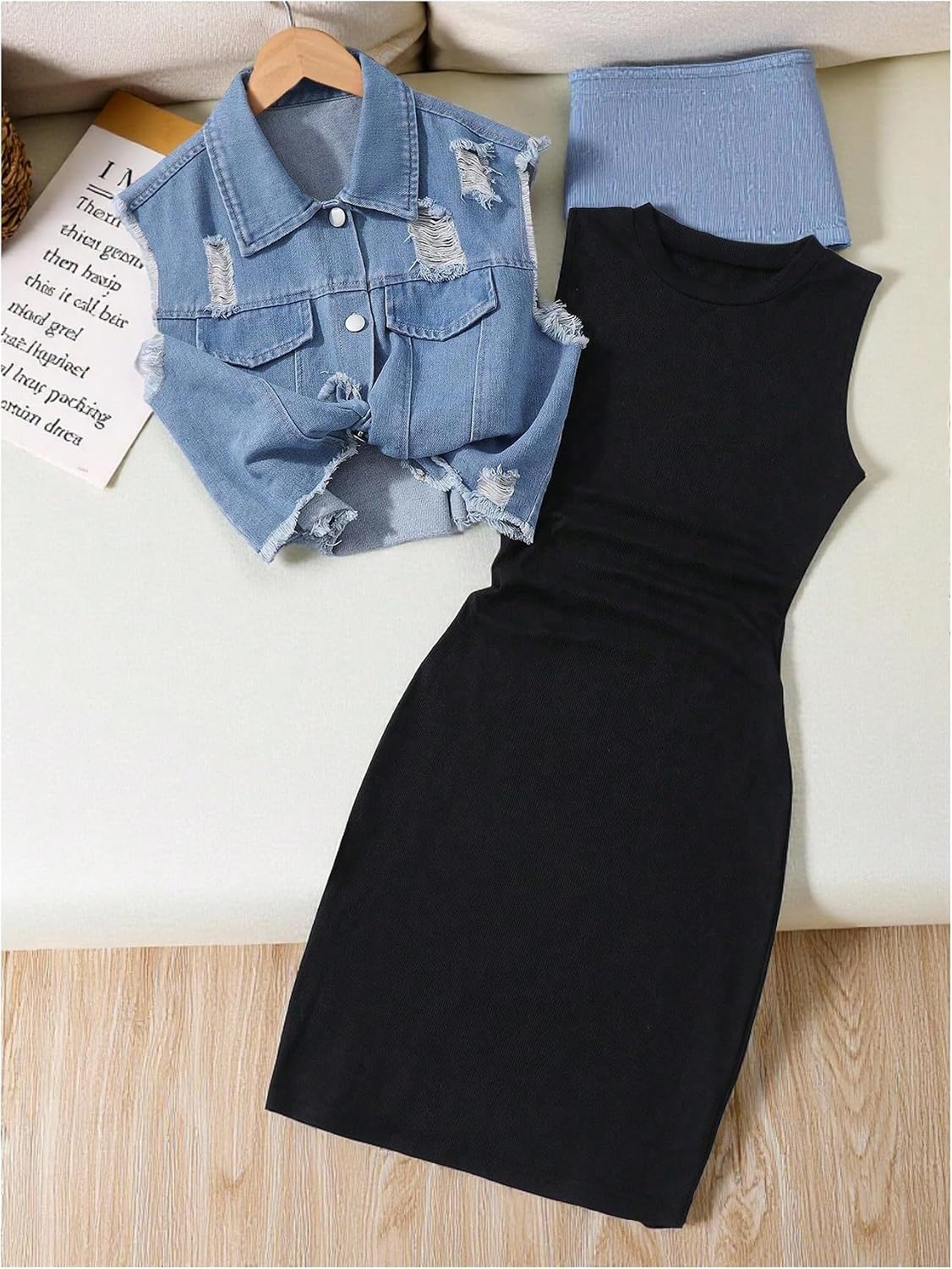 OYOANGLE Girl's 2 Piece Outfits Ribbed Bodycon Short Tank Dress and Ripped Denim Vest Top Set
